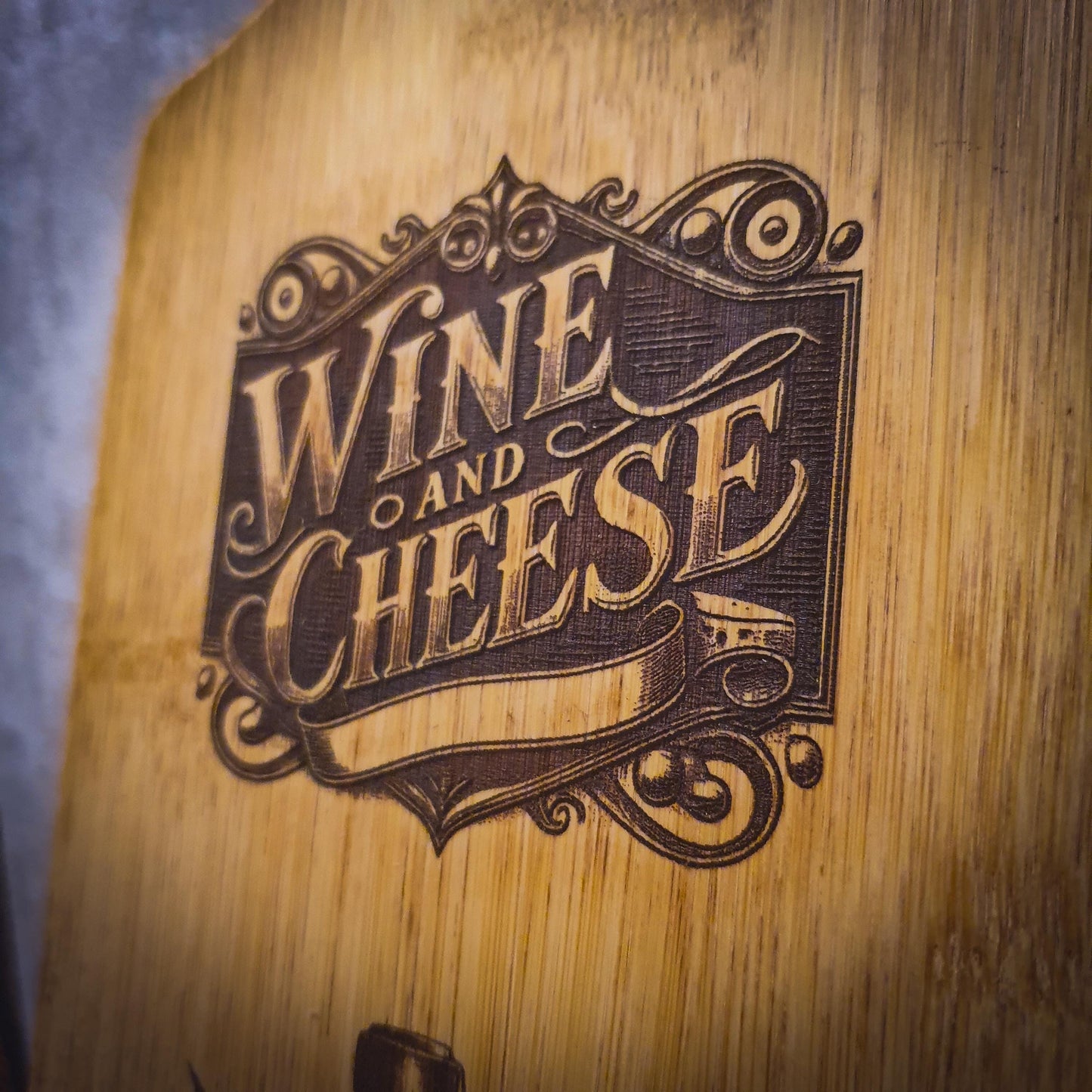Wine and Cheese Serving Board – Laser Engraved Long Bamboo Platter | Rustic Wine Bottle and Cheese Design