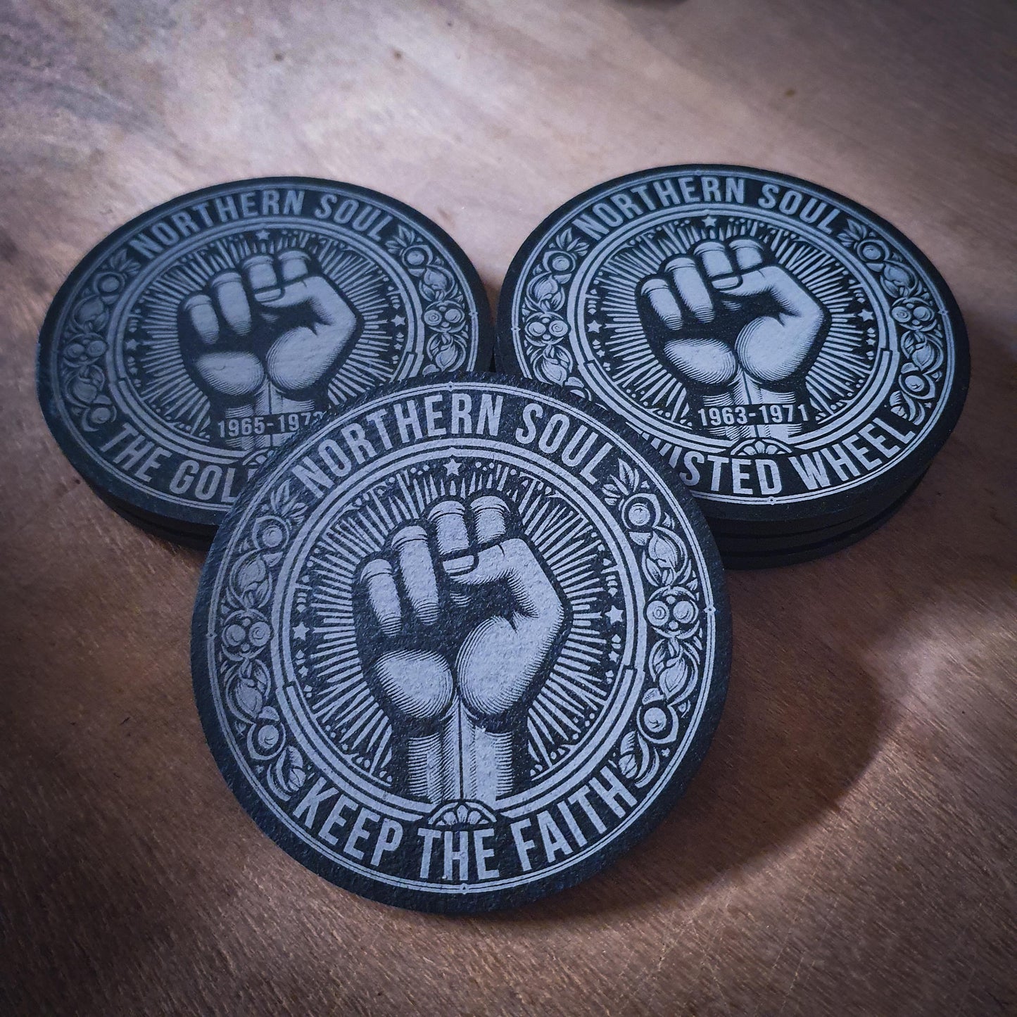Set of 6 Northern Soul Slate Coasters – With Fist & Venue Names | 100mm Round | Wigan Casino, Twisted Wheel and More