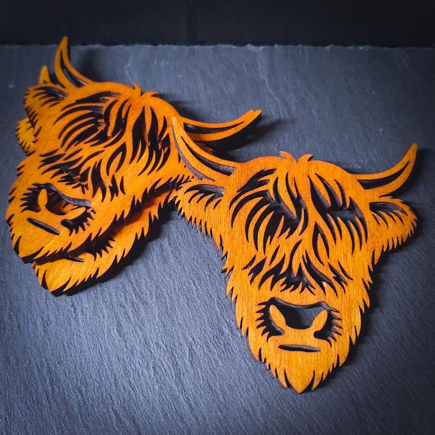 Set of 4 Highland Cow Head Coasters with Holder – Laser Cut 6mm Wood | Rustic Farmhouse Decor