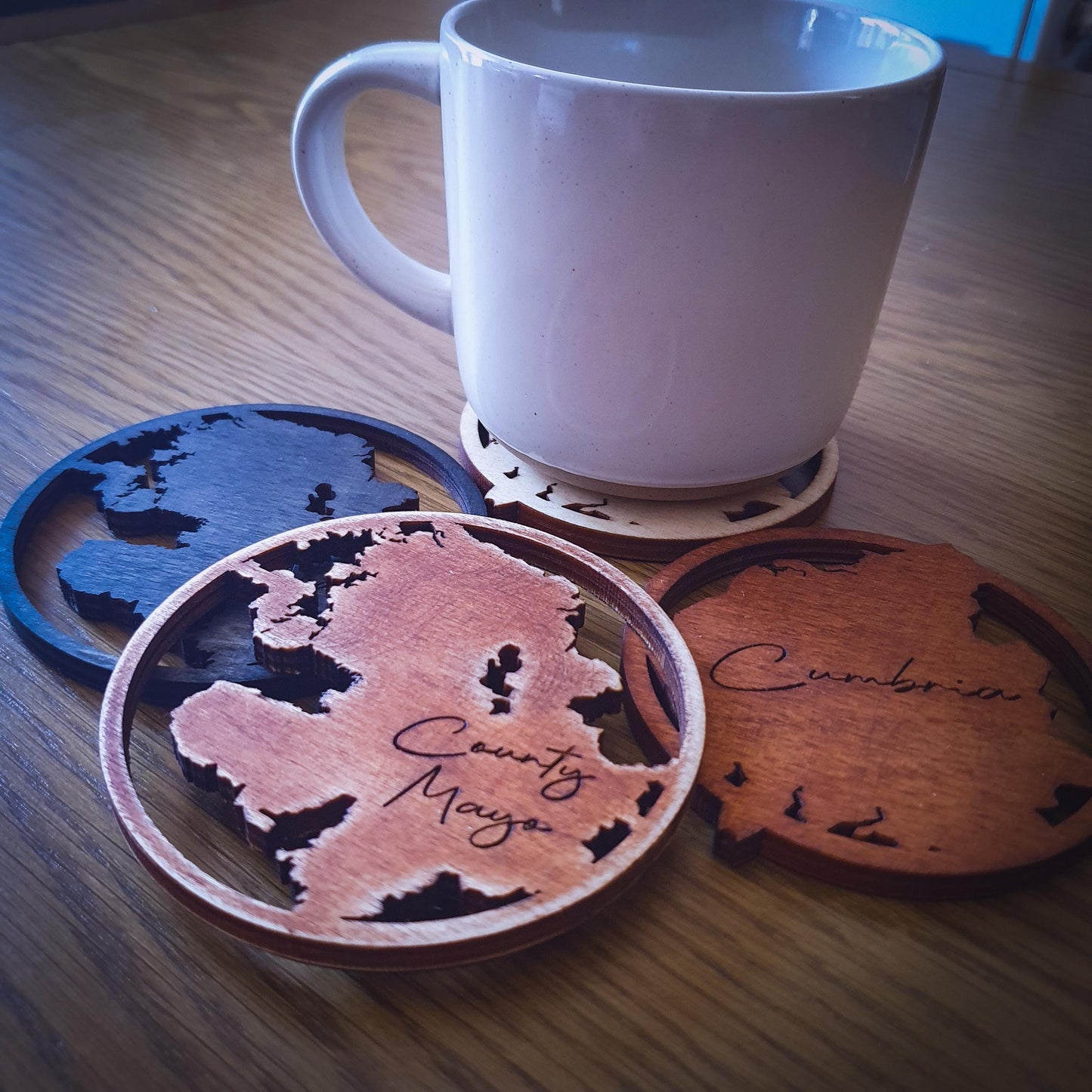 Personalised UK County Shaped Coasters | Laser Engraved with County Name | Felt Backed | Four Wood Finishes | Personalised Gift