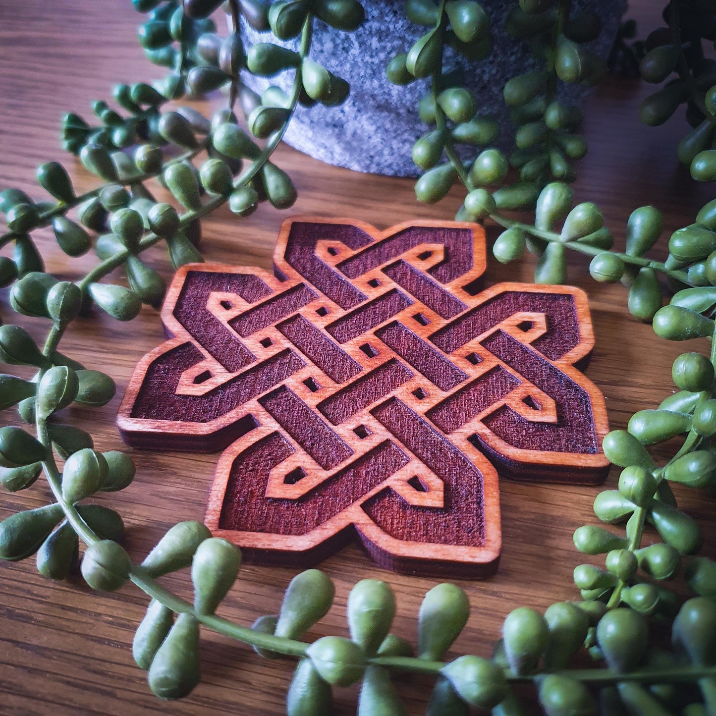 Celtic Knot Wooden Coaster Set – Aged wood, New Age Coasters, Ancient Celtic design.
