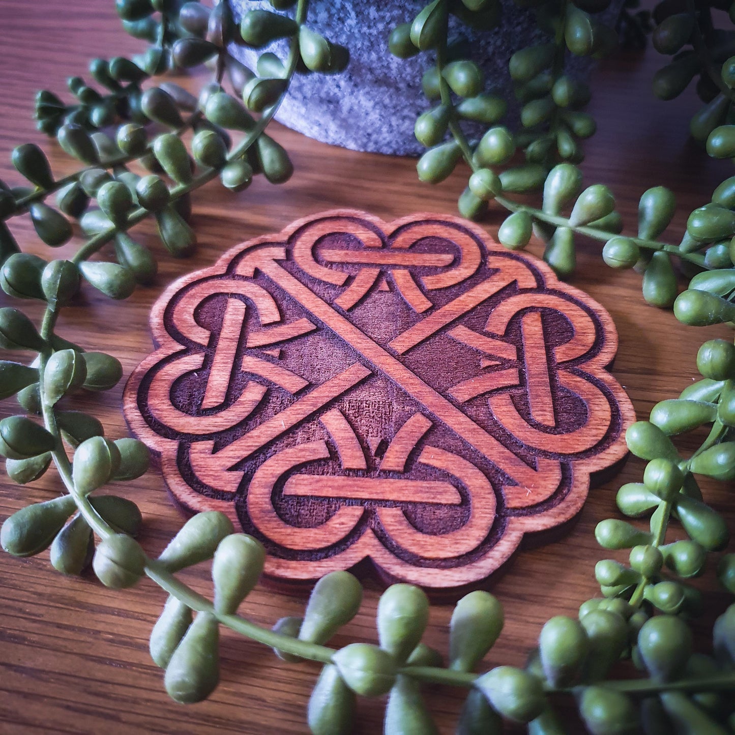 Celtic Knot Wooden Coaster Set – Aged wood, New Age Coasters, Ancient Celtic design.