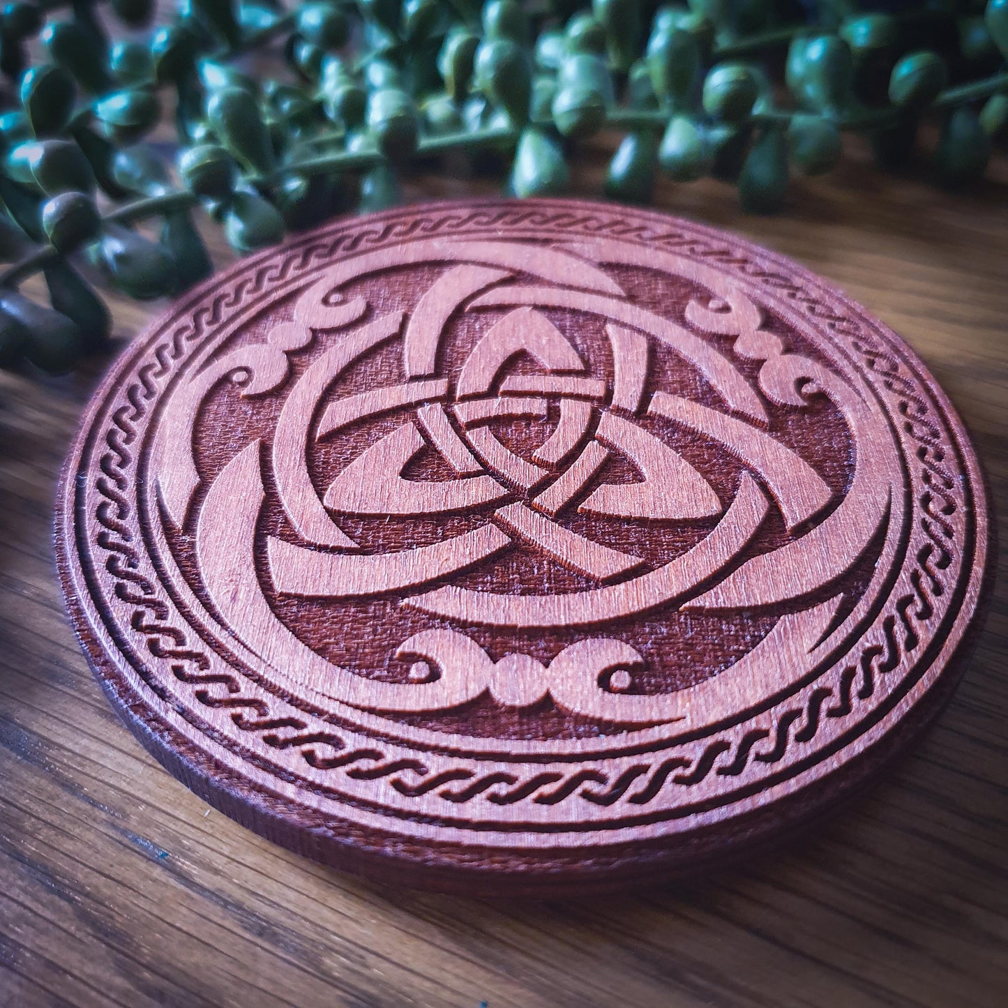 Celtic Triquetra Wooden Coaster – Round 100mm Laser Cut Design with Knotwork Border, Rustic Aged Finish