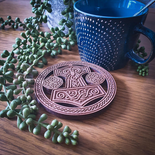 Thor’s Hammer Wooden Coaster – Laser Cut Mjolnir with Celtic Knot Design, 100mm, Aged Finish, Norse Decor