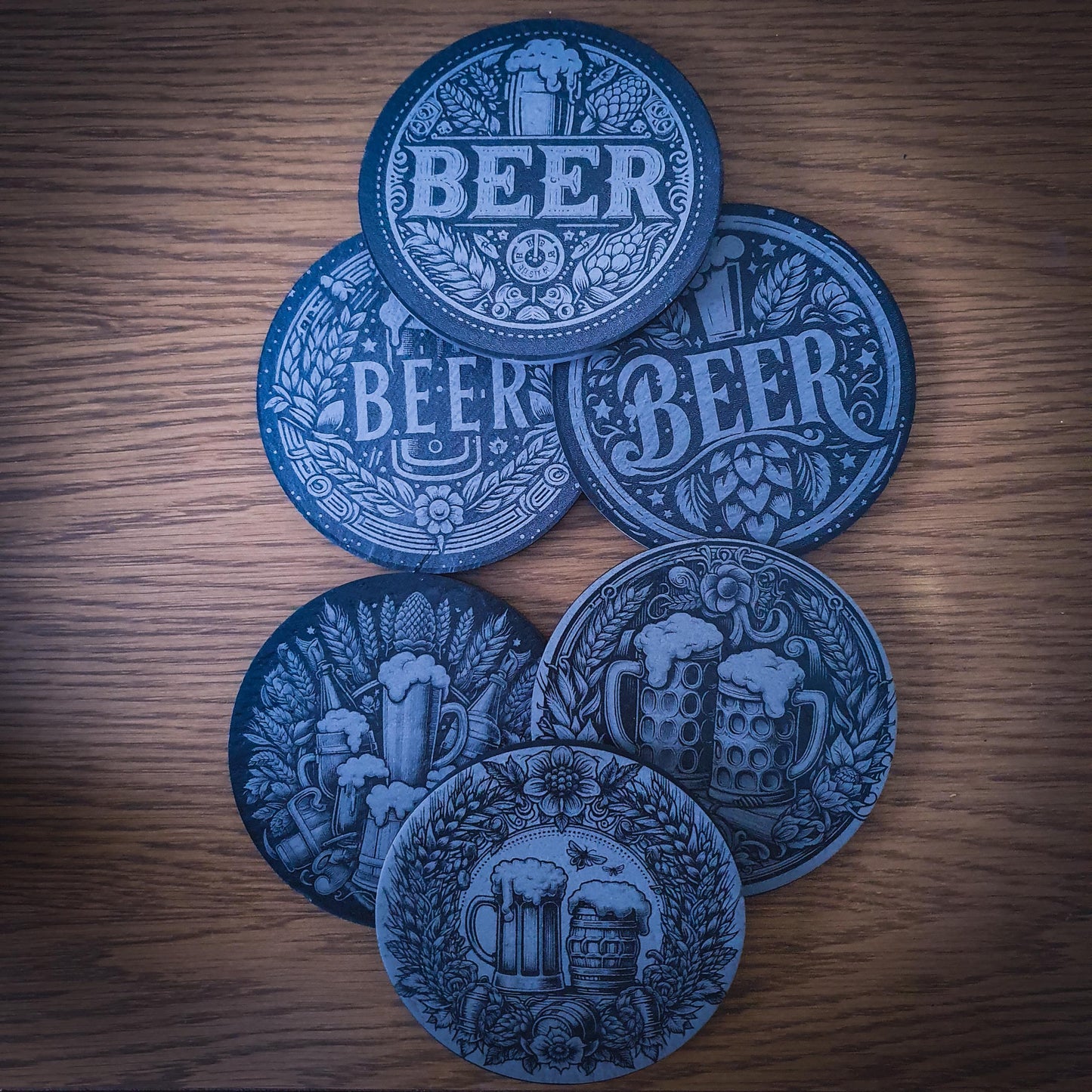 Set of 6 Beer-Themed Slate Coasters – Laser Engraved Round 100mm | Rustic Barware Gift for Beer Lovers