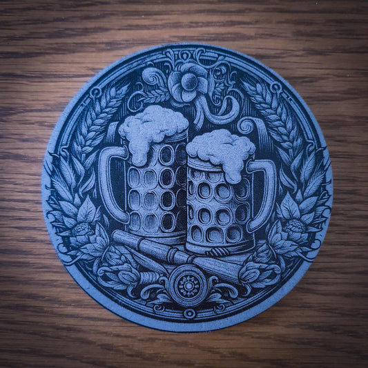 Set of 6 Beer-Themed Slate Coasters – Laser Engraved Round 100mm | Rustic Barware Gift for Beer Lovers