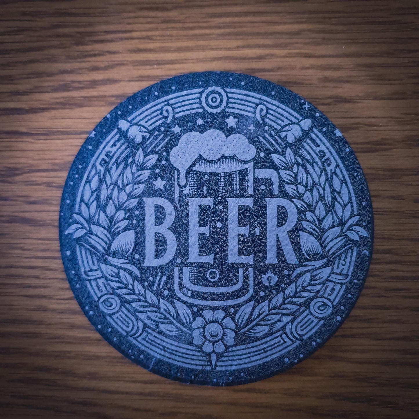 Set of 6 Beer-Themed Slate Coasters – Laser Engraved Round 100mm | Rustic Barware Gift for Beer Lovers