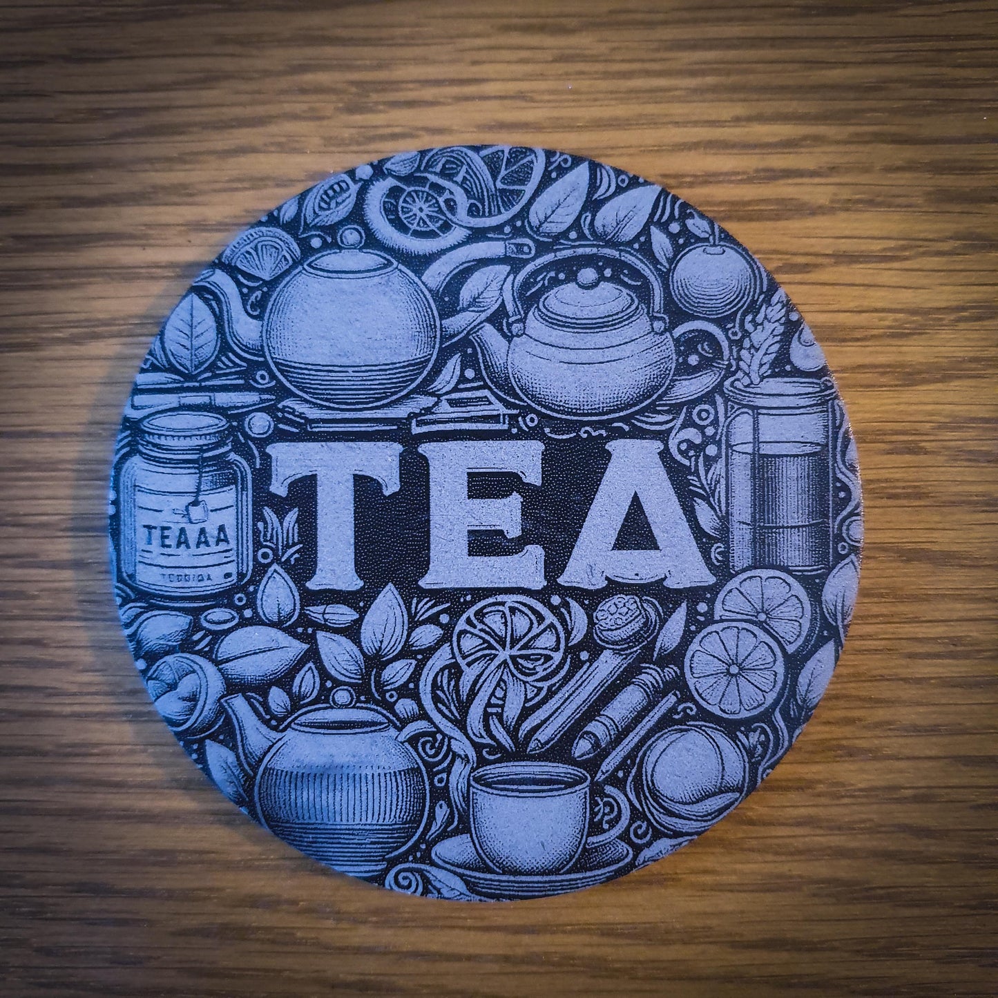 Set of 6 Tea-Themed Slate Coasters – Laser Engraved Round 100mm | Cosy Kitchen Decor | Gift for Tea Lovers