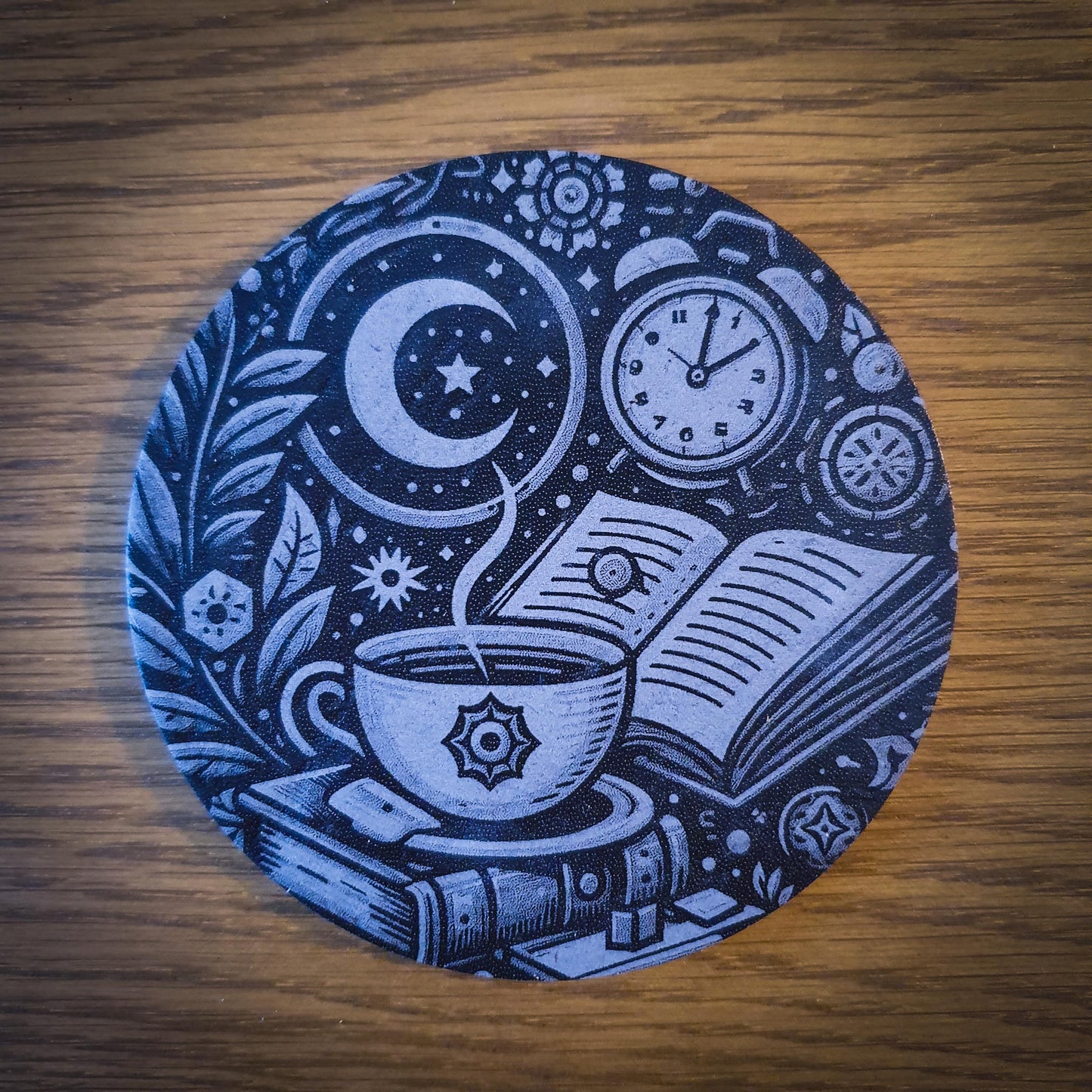 Set of 6 Tea-Themed Slate Coasters – Laser Engraved Round 100mm | Cosy Kitchen Decor | Gift for Tea Lovers