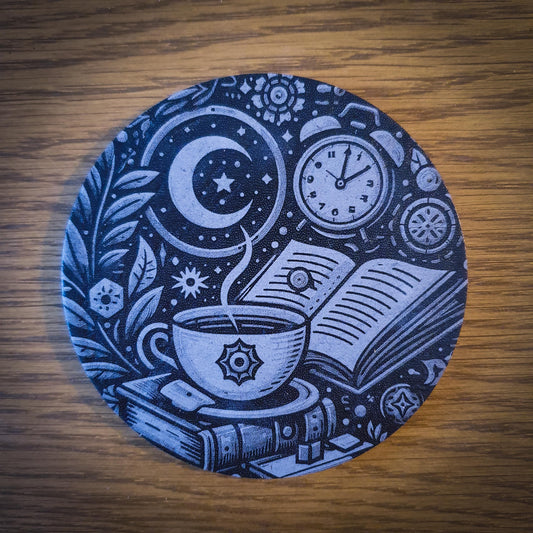 Set of 6 Tea-Themed Slate Coasters – Laser Engraved Round 100mm | Cosy Kitchen Decor | Gift for Tea Lovers