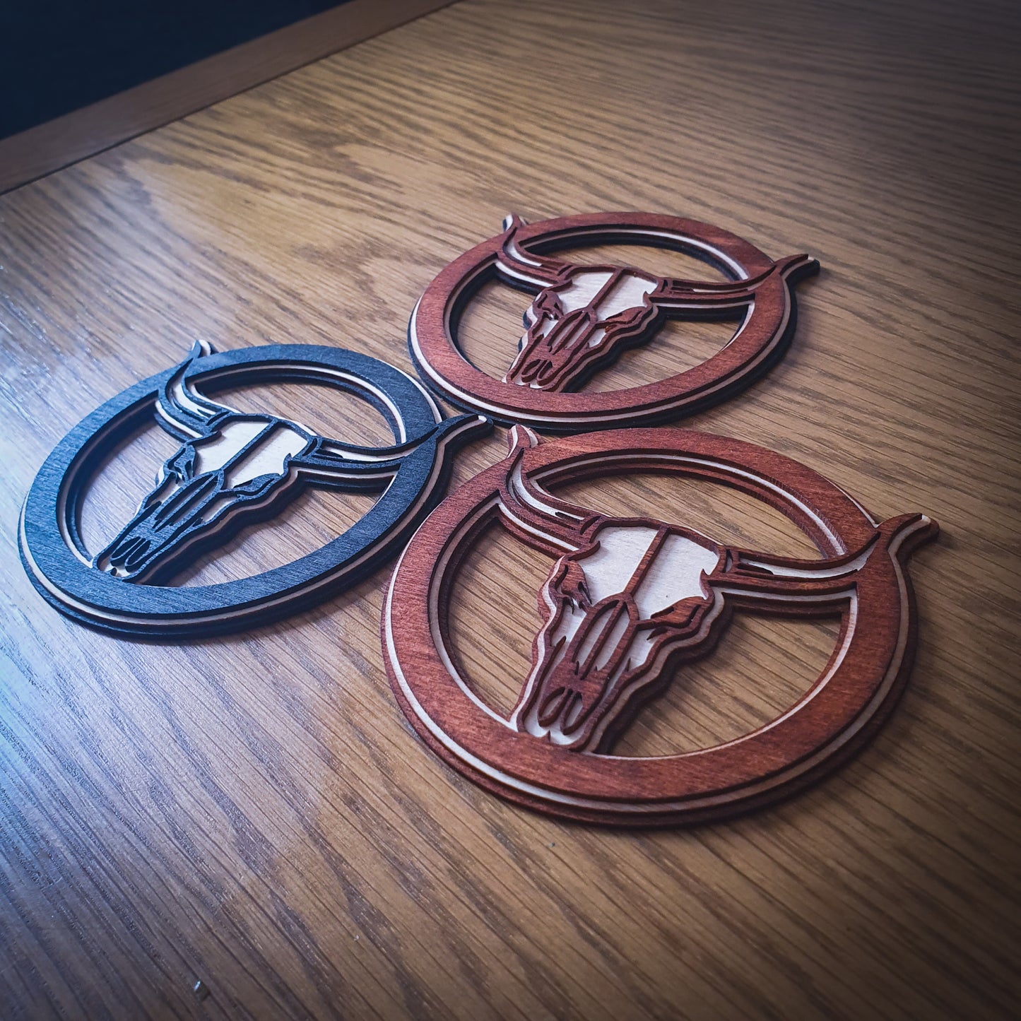 3D Longhorn Skull Wooden Coaster – Triple Layer Laser Cut Western Decor, Rustic Cowboy Gift, Country Style Drink Mat