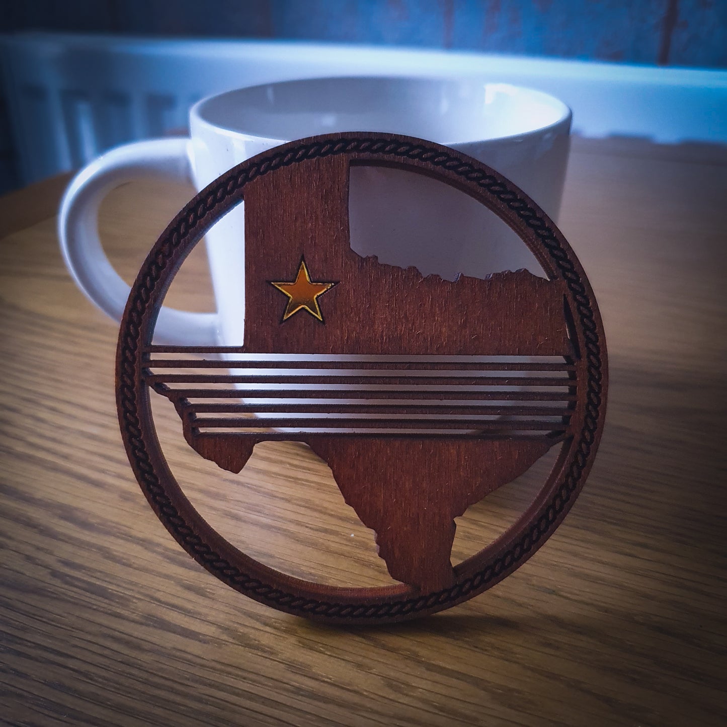 Texas Shaped Wooden Coaster | Laser Cut with Gold Lone Star Inlay