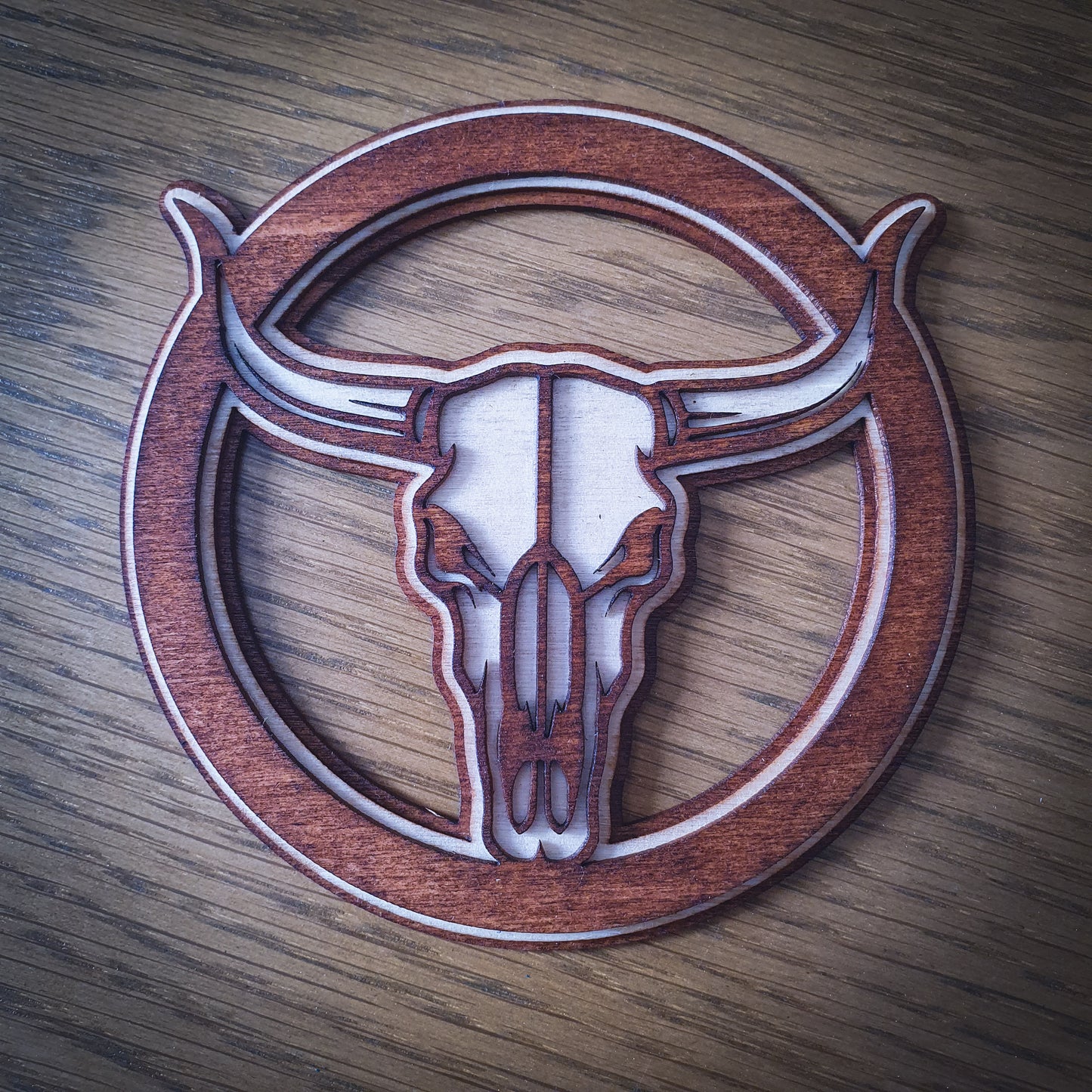 3D Longhorn Skull Wooden Coaster – Triple Layer Laser Cut Western Decor, Rustic Cowboy Gift, Country Style Drink Mat