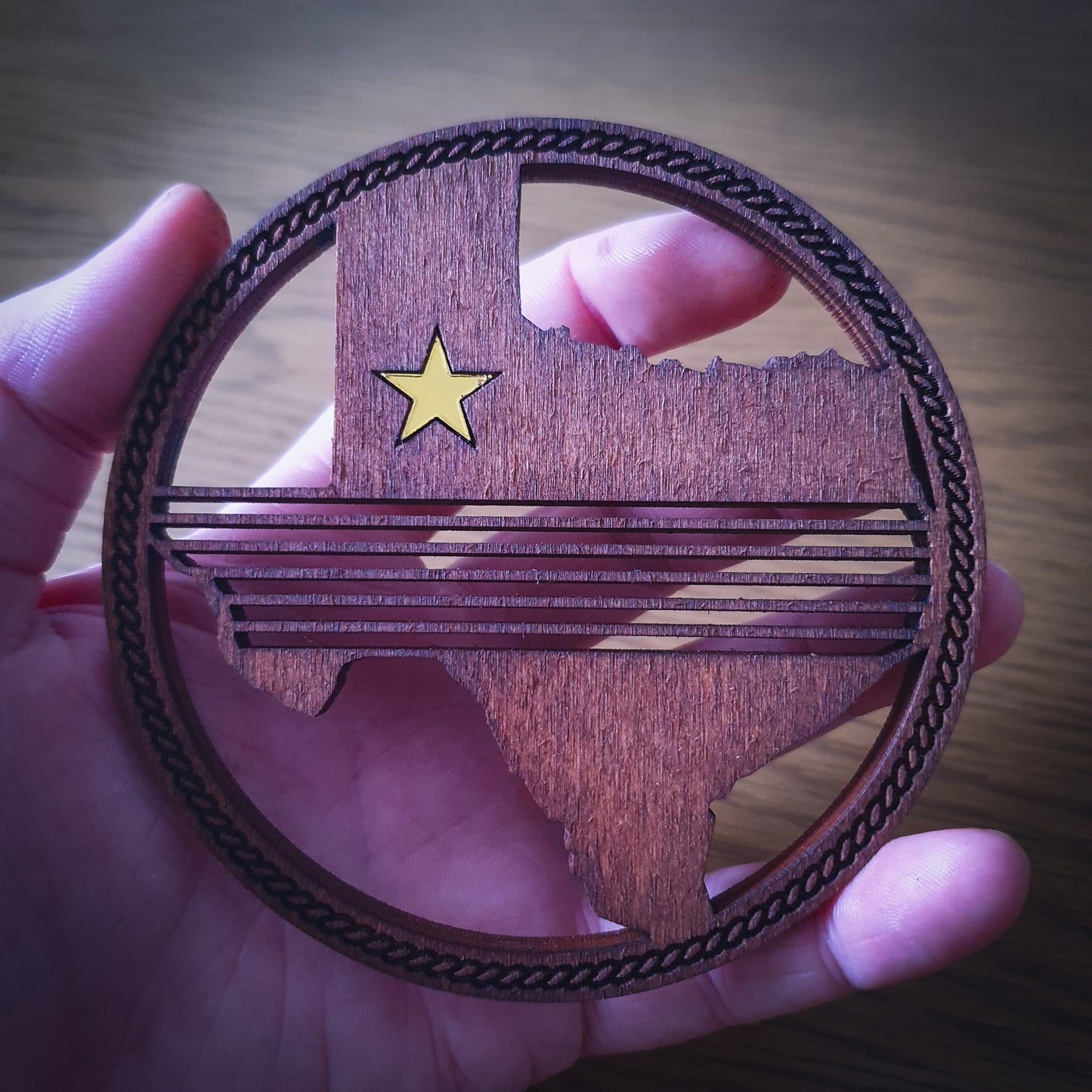 Texas Shaped Wooden Coaster | Laser Cut with Gold Lone Star Inlay