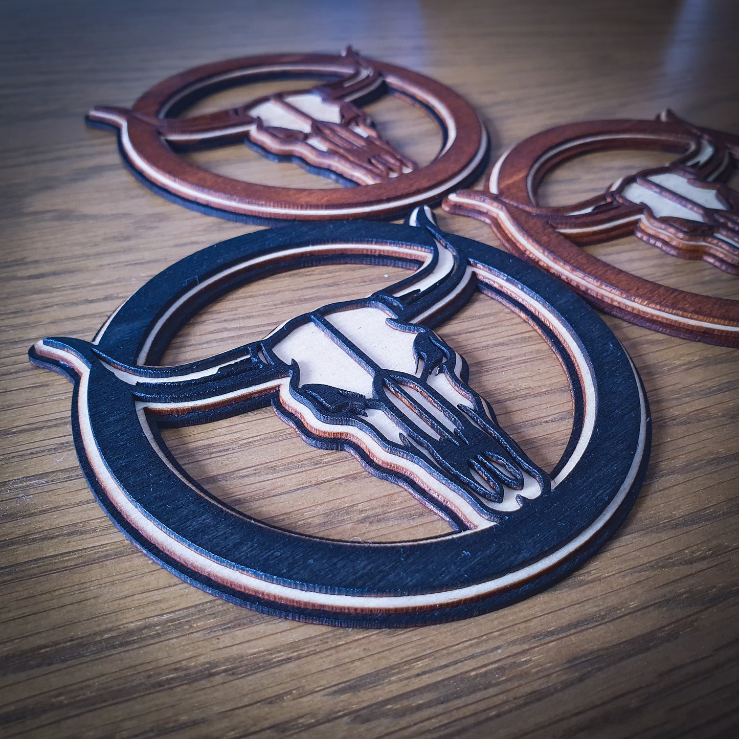 3D Longhorn Skull Wooden Coaster – Triple Layer Laser Cut Western Decor, Rustic Cowboy Gift, Country Style Drink Mat