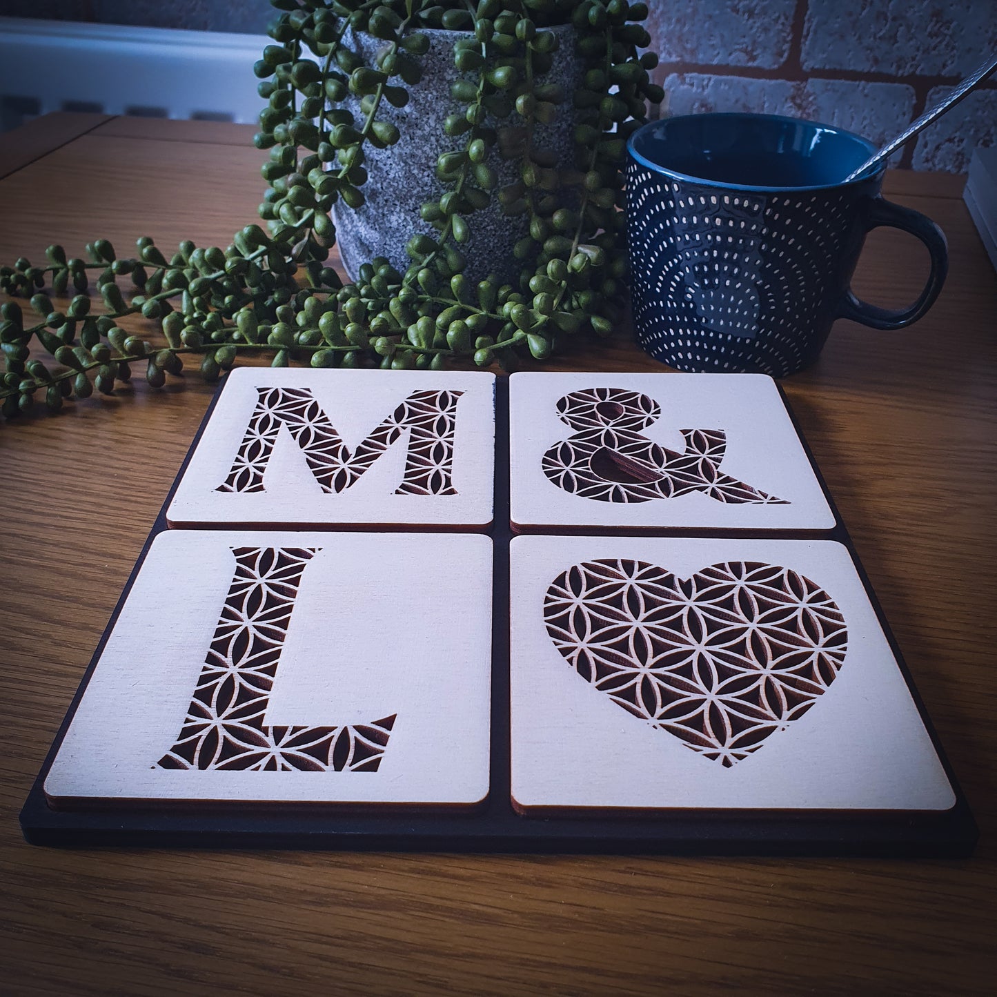 Custom Couples Wooden Coaster Set – Floral Laser Cut Design