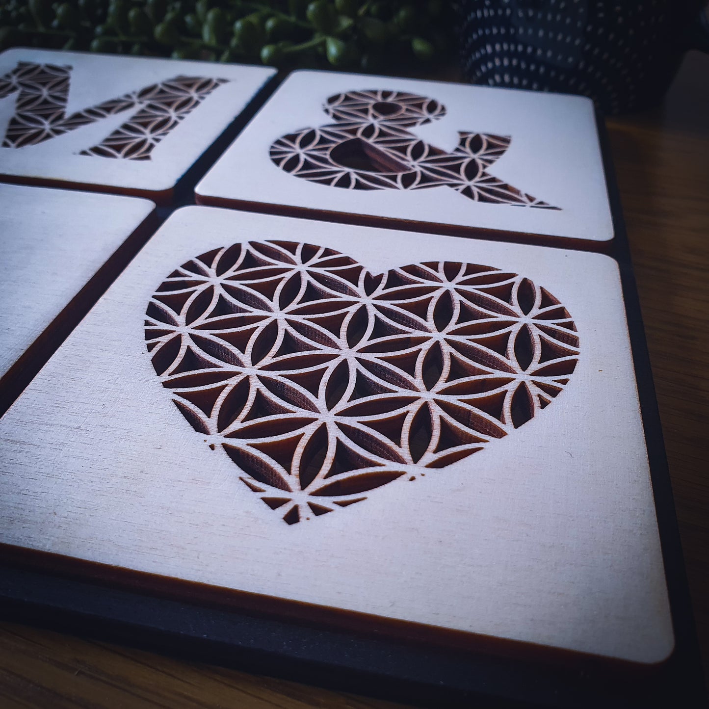 Custom Couples Wooden Coaster Set – Floral Laser Cut Design