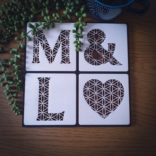 Custom Couples Wooden Coaster Set – Floral Laser Cut Design