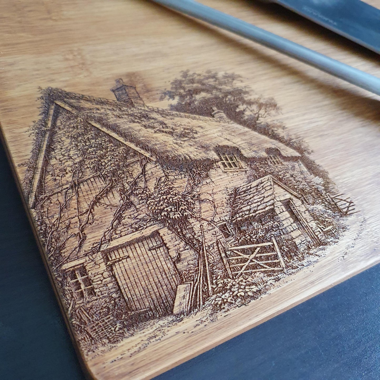 Farmhouse chopping board, laser engraved, Rustic Aged Bamboo | 24cm x 30cm