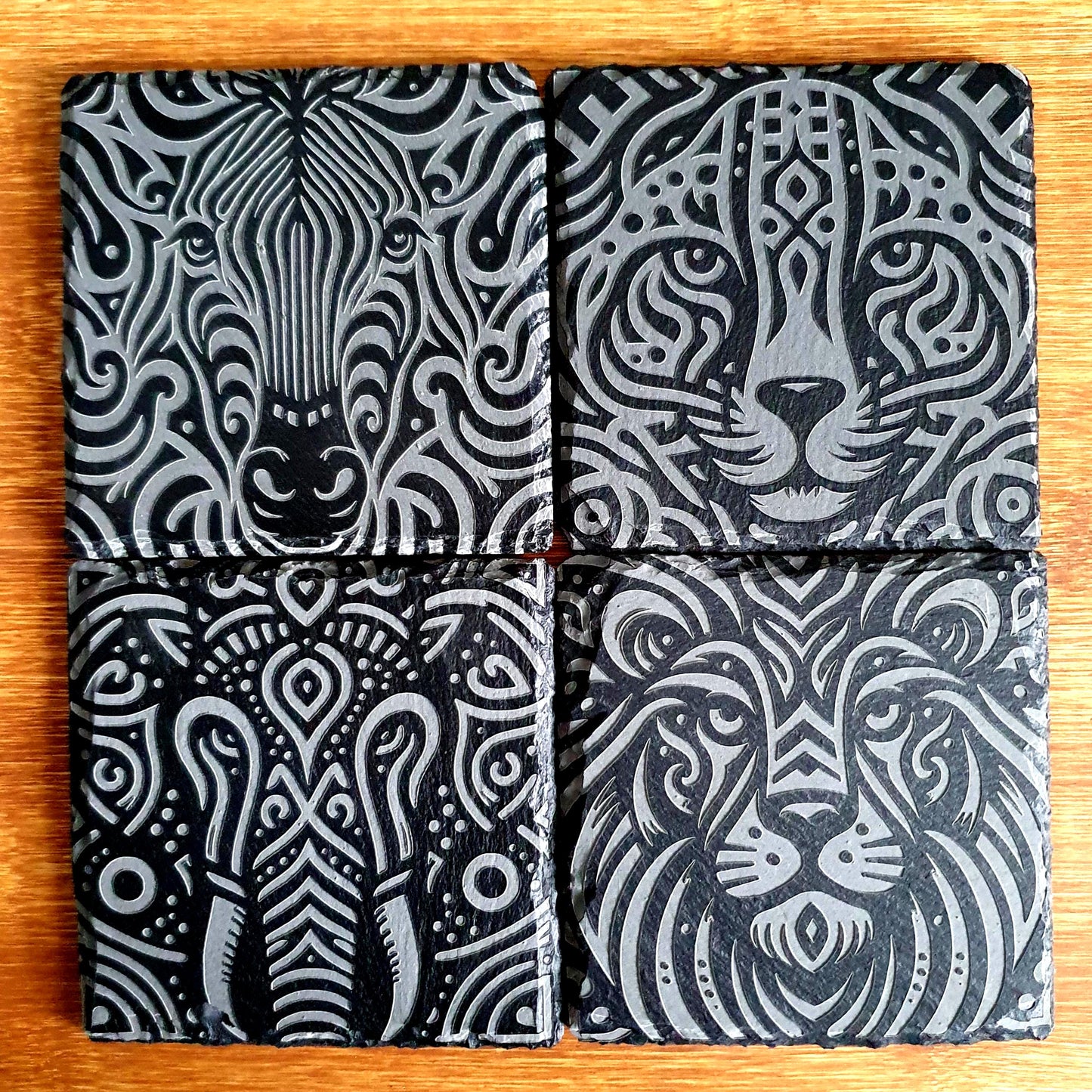 Safari coasters, laser engraved | Deep Engraved Tribal Animal Designs