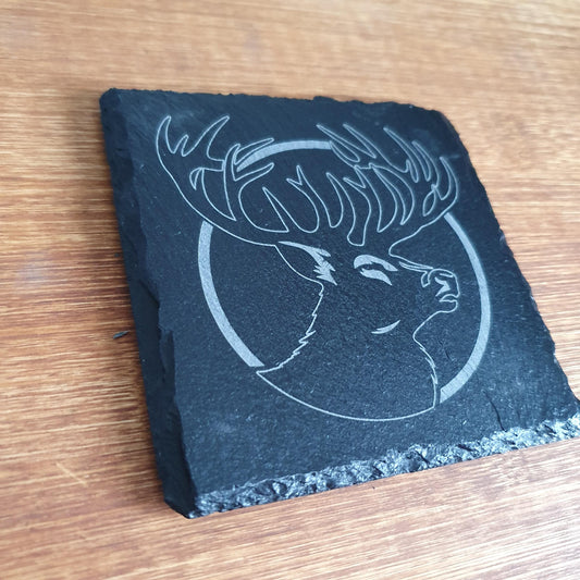 Stag Slate Coaster – Modern Laser Engraved Portrait | Rustic Highland Decor | Single Coaster Gift