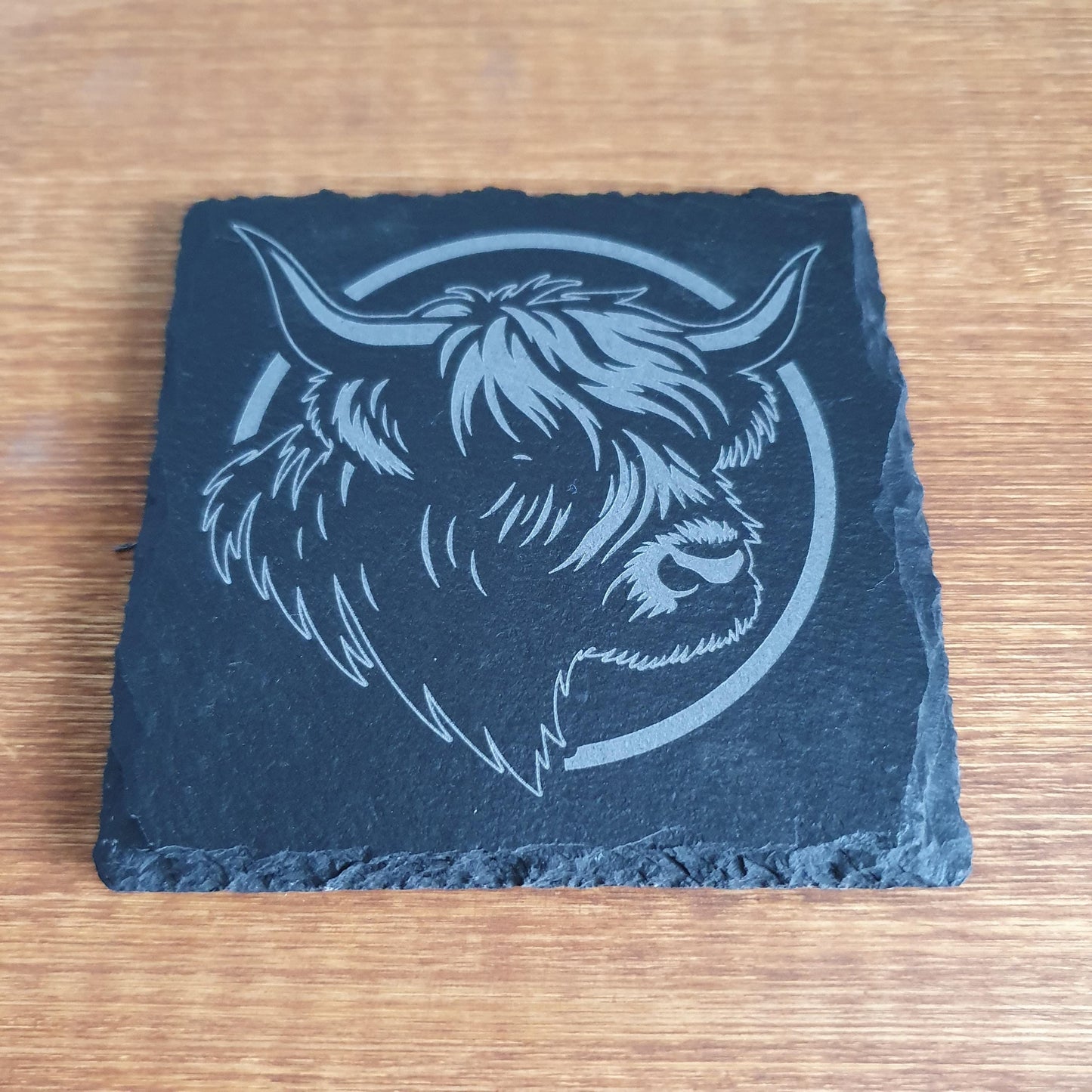 Highland Cow Slate Coaster – Modern Laser Engraved Portrait | Rustic Farmhouse Decor | Single Coaster Gift