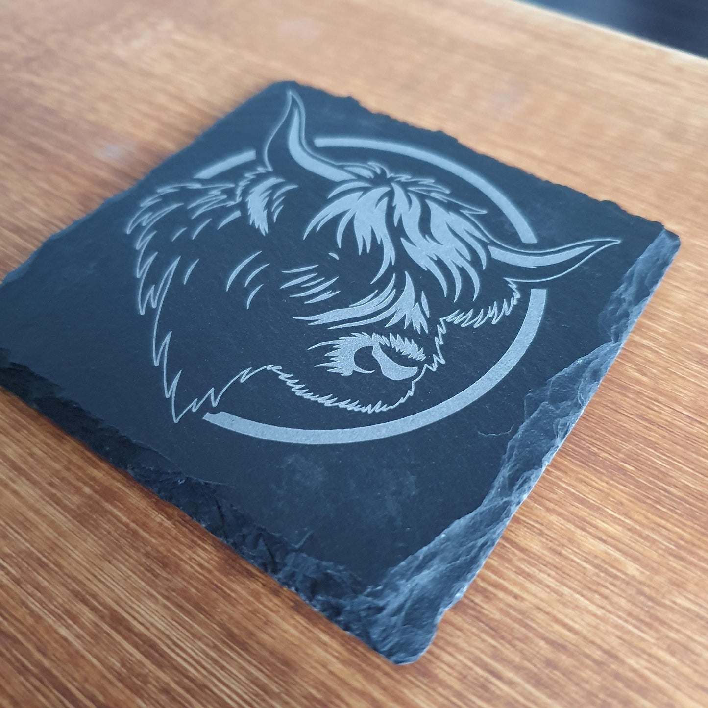Highland Cow Slate Coaster – Modern Laser Engraved Portrait | Rustic Farmhouse Decor | Single Coaster Gift