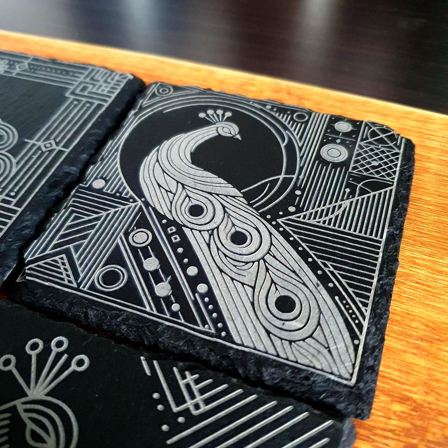 Peacock coasters, laser engraved – Geometric Peacock Design | Elegant Bird-Inspired Decor | Unique Gift Set