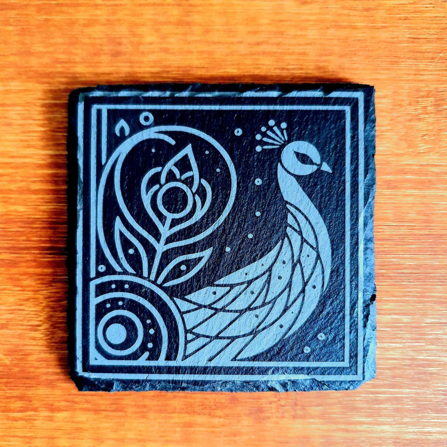 Peacock coasters, laser engraved – Geometric Peacock Design | Elegant Bird-Inspired Decor | Unique Gift Set
