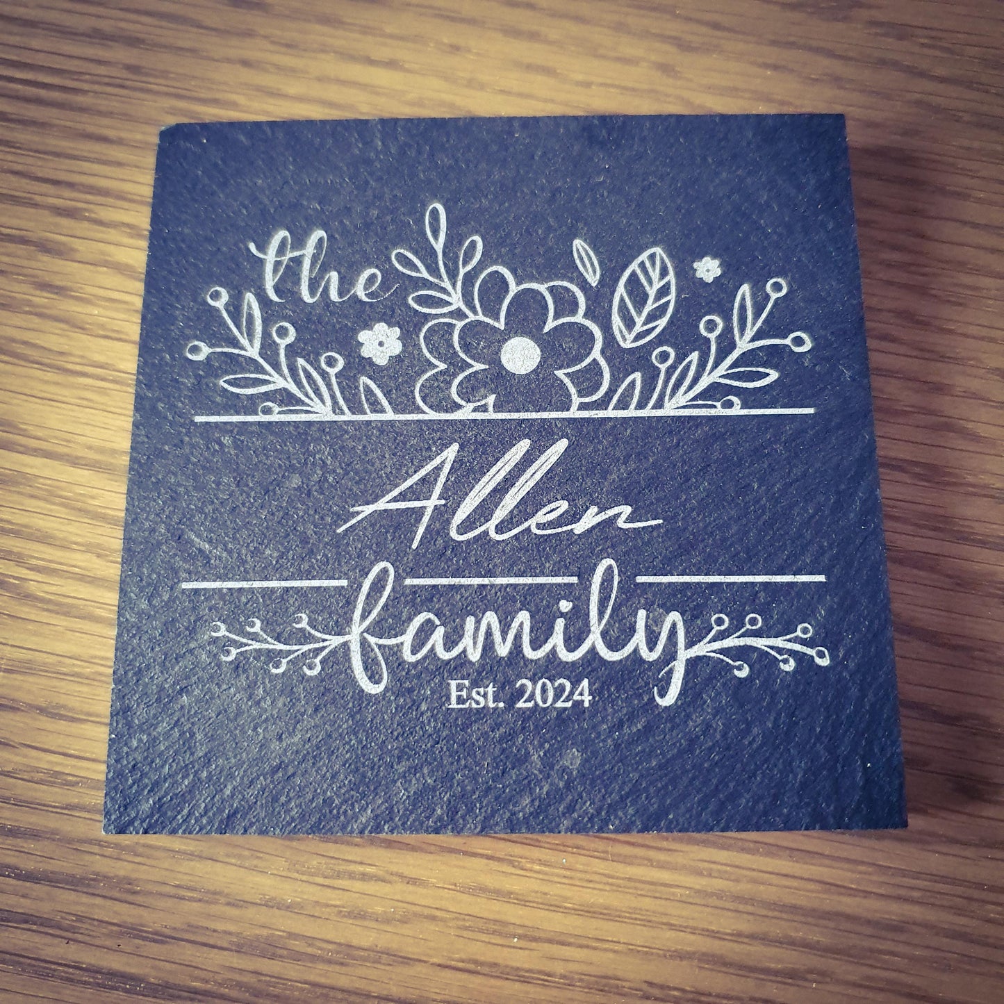 Personalised Slate Coasters x4 – Family Name | 9 Laser Engraved Designs | Custom Family Name Gift Set