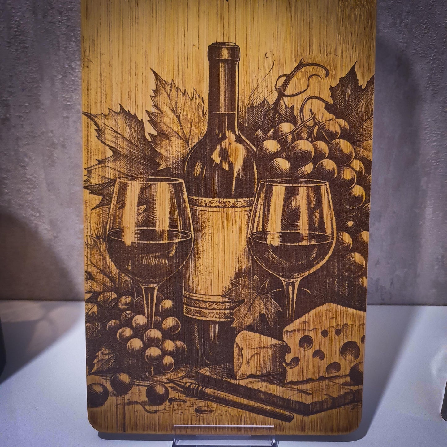 Wine and Cheese Serving Board – Laser Engraved Long Bamboo Platter | Rustic Wine Bottle and Cheese Design