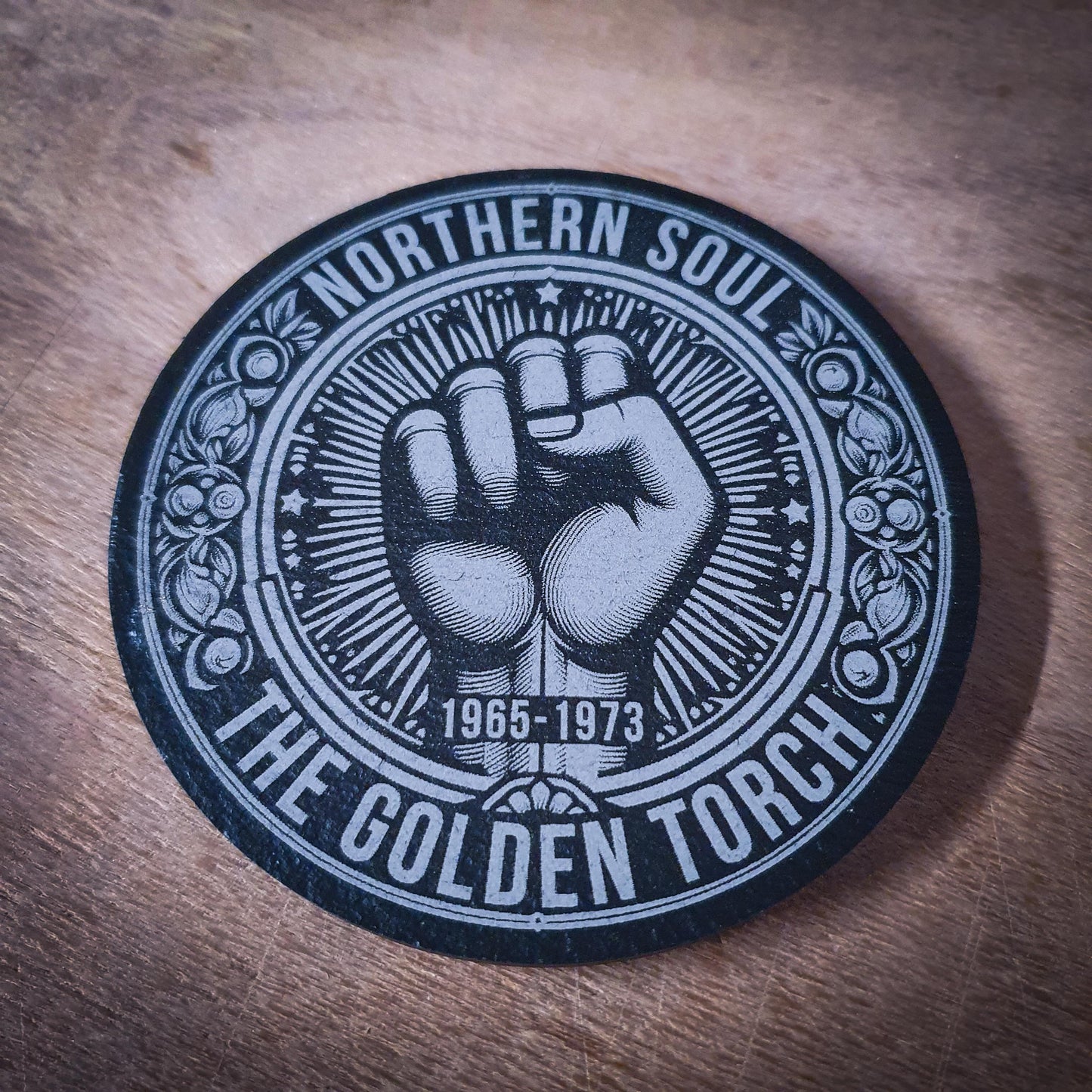 Set of 6 Northern Soul Slate Coasters – With Fist & Venue Names | 100mm Round | Wigan Casino, Twisted Wheel and More