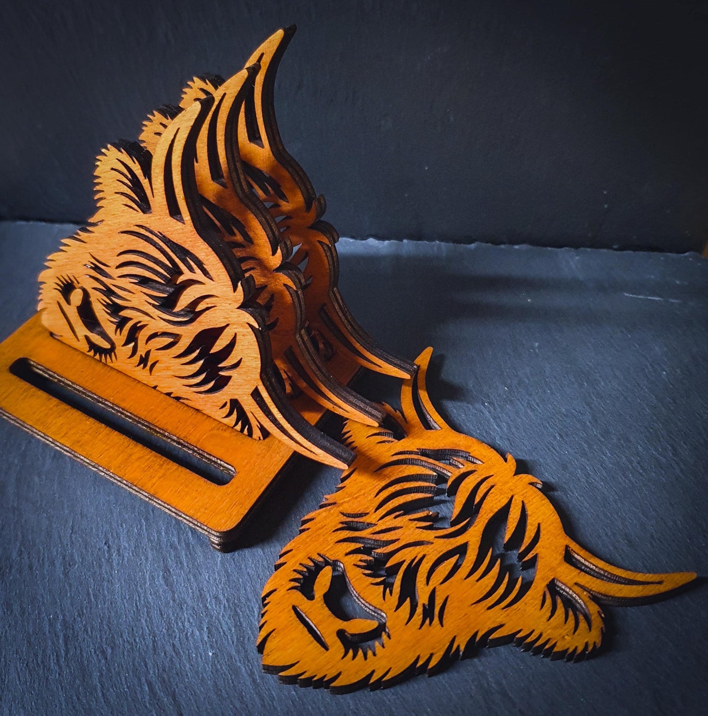 Set of 4 Highland Cow Head Coasters with Holder – Laser Cut 6mm Wood | Rustic Farmhouse Decor