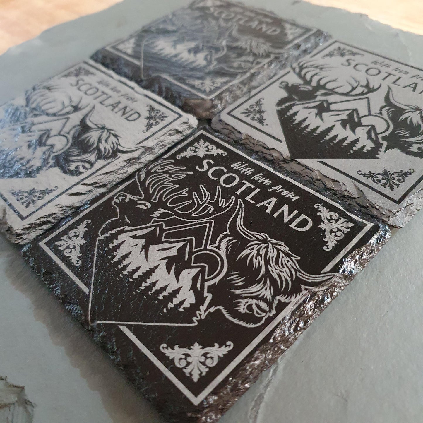 Laser engraved Scottish coasters – Scotland-Inspired | Highland Cow, Stag & Mountains