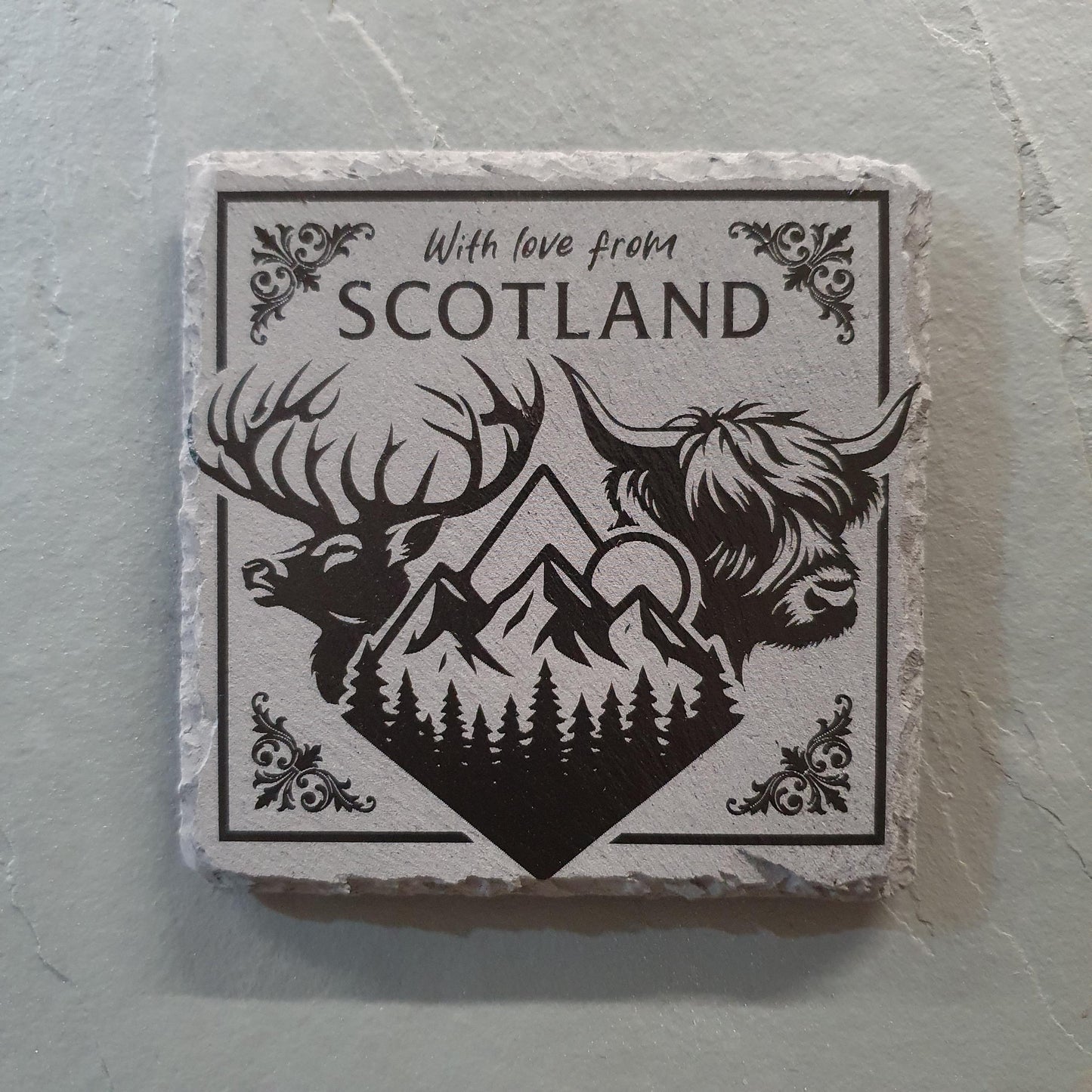 Laser engraved Scottish coasters – Scotland-Inspired | Highland Cow, Stag & Mountains