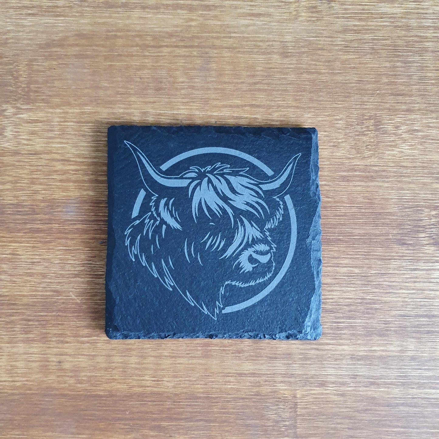 Highland Cow Slate Coaster – Modern Laser Engraved Portrait | Rustic Farmhouse Decor | Single Coaster Gift