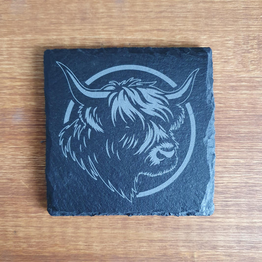 Highland Cow Slate Coaster – Modern Laser Engraved Portrait | Rustic Farmhouse Decor | Single Coaster Gift