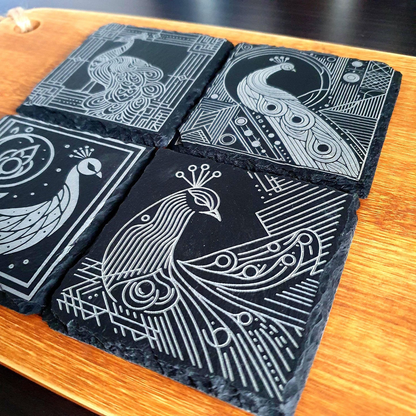 Peacock coasters, laser engraved – Geometric Peacock Design | Elegant Bird-Inspired Decor | Unique Gift Set