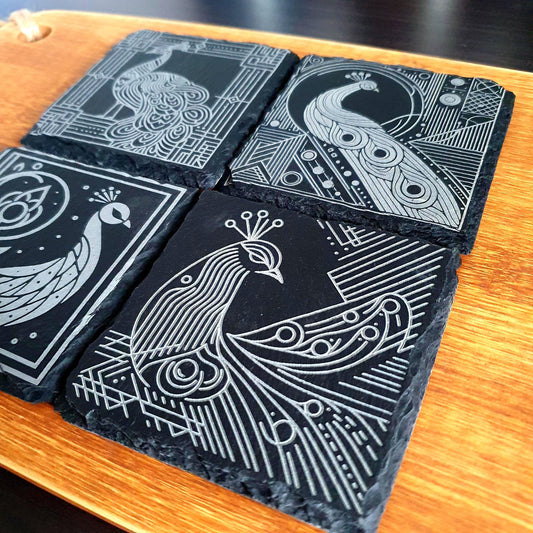 Peacock coasters, laser engraved – Geometric Peacock Design | Elegant Bird-Inspired Decor | Unique Gift Set