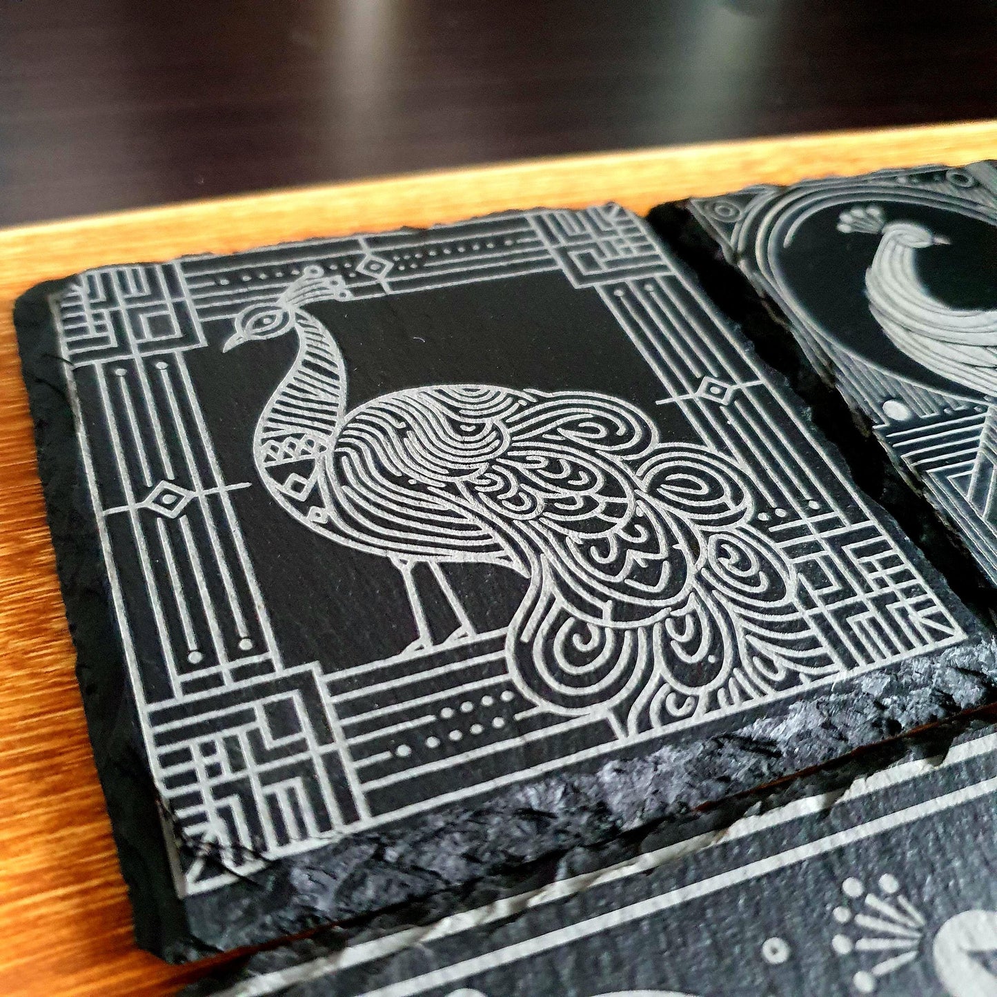 Peacock coasters, laser engraved – Geometric Peacock Design | Elegant Bird-Inspired Decor | Unique Gift Set