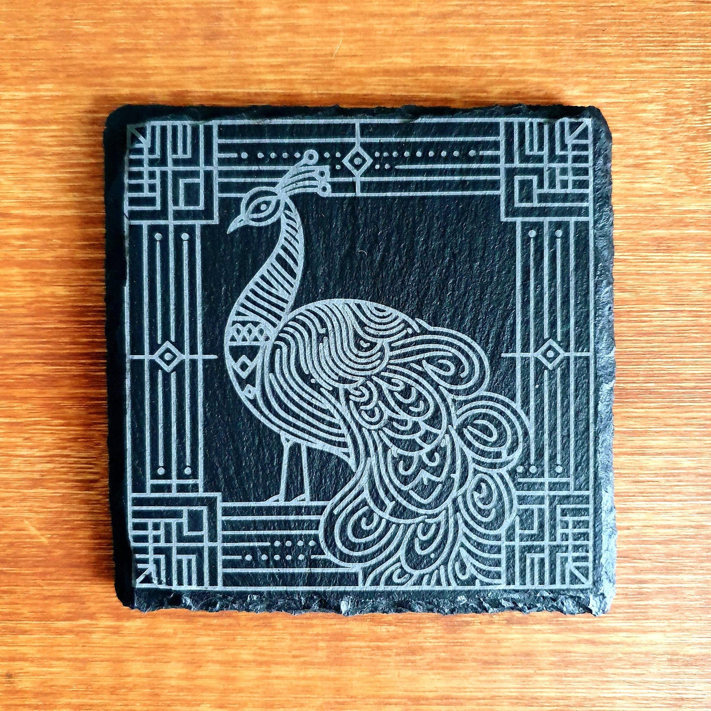 Peacock coasters, laser engraved – Geometric Peacock Design | Elegant Bird-Inspired Decor | Unique Gift Set