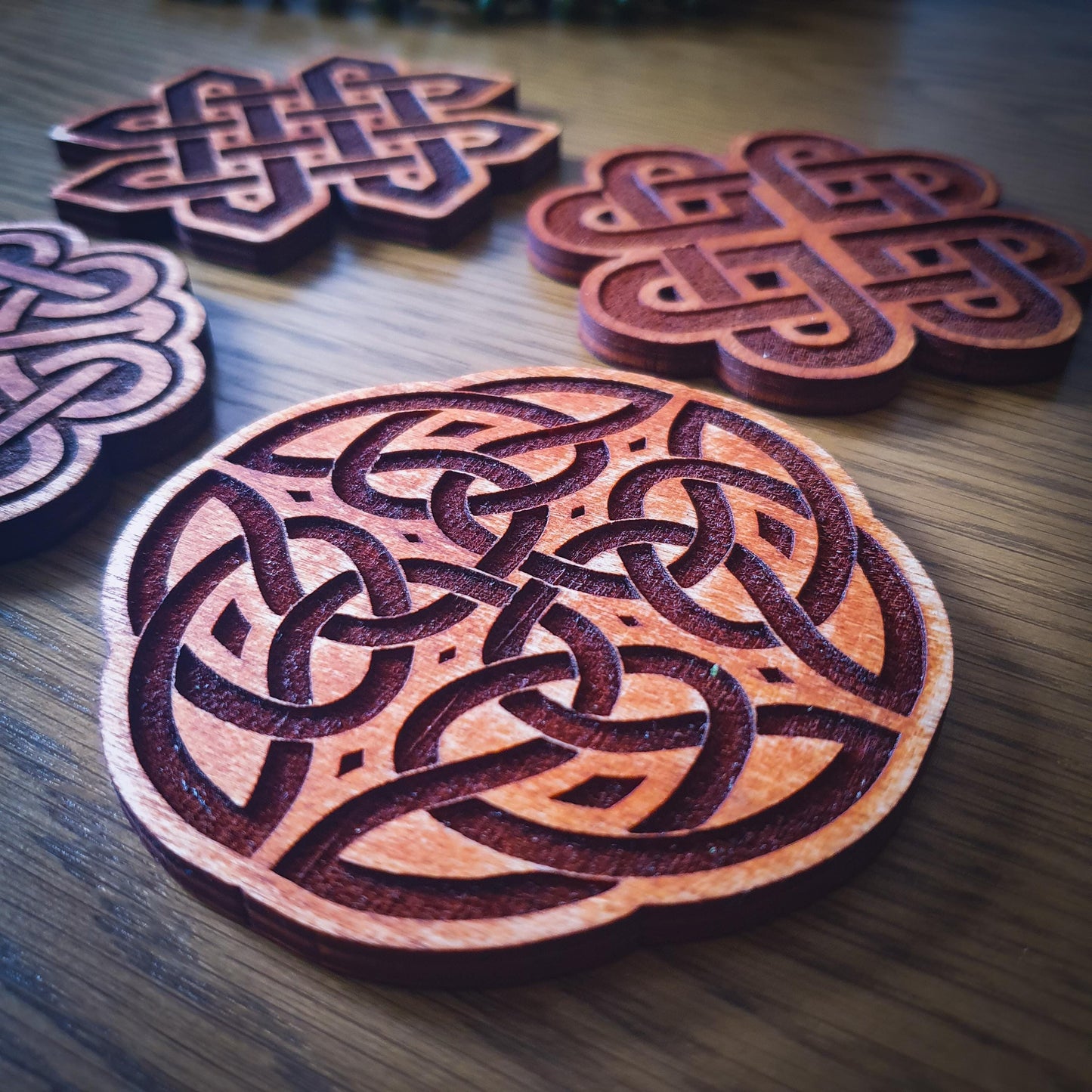 Celtic Knot Wooden Coaster Set – Aged wood, New Age Coasters, Ancient Celtic design.