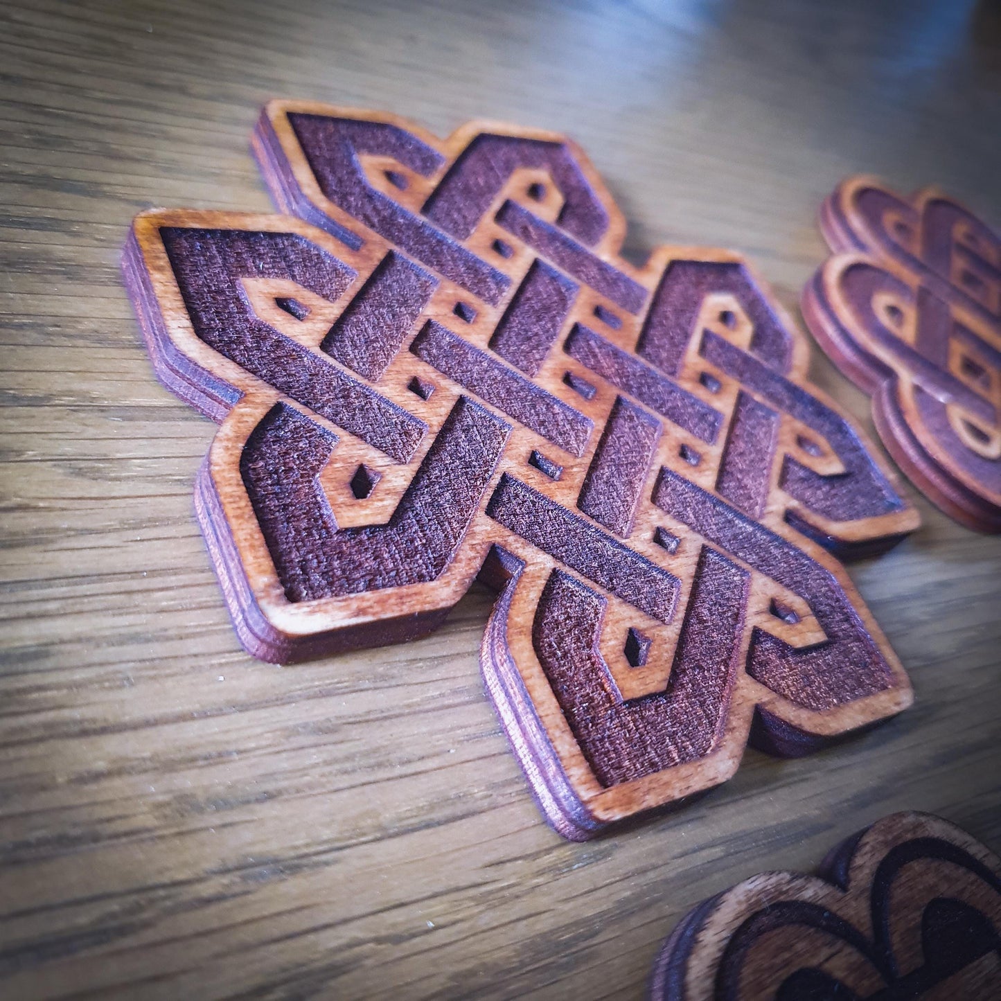 Celtic Knot Wooden Coaster Set – Aged wood, New Age Coasters, Ancient Celtic design.