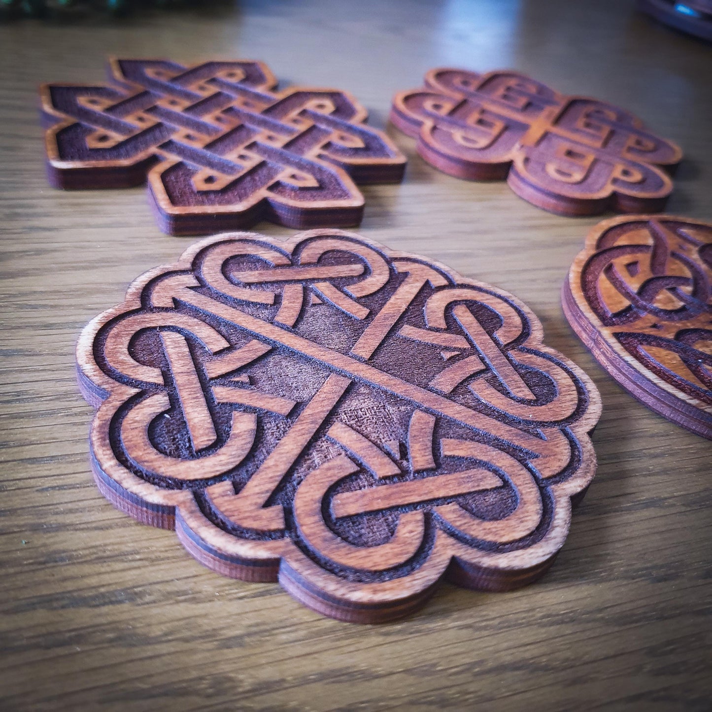 Celtic Knot Wooden Coaster Set – Aged wood, New Age Coasters, Ancient Celtic design.