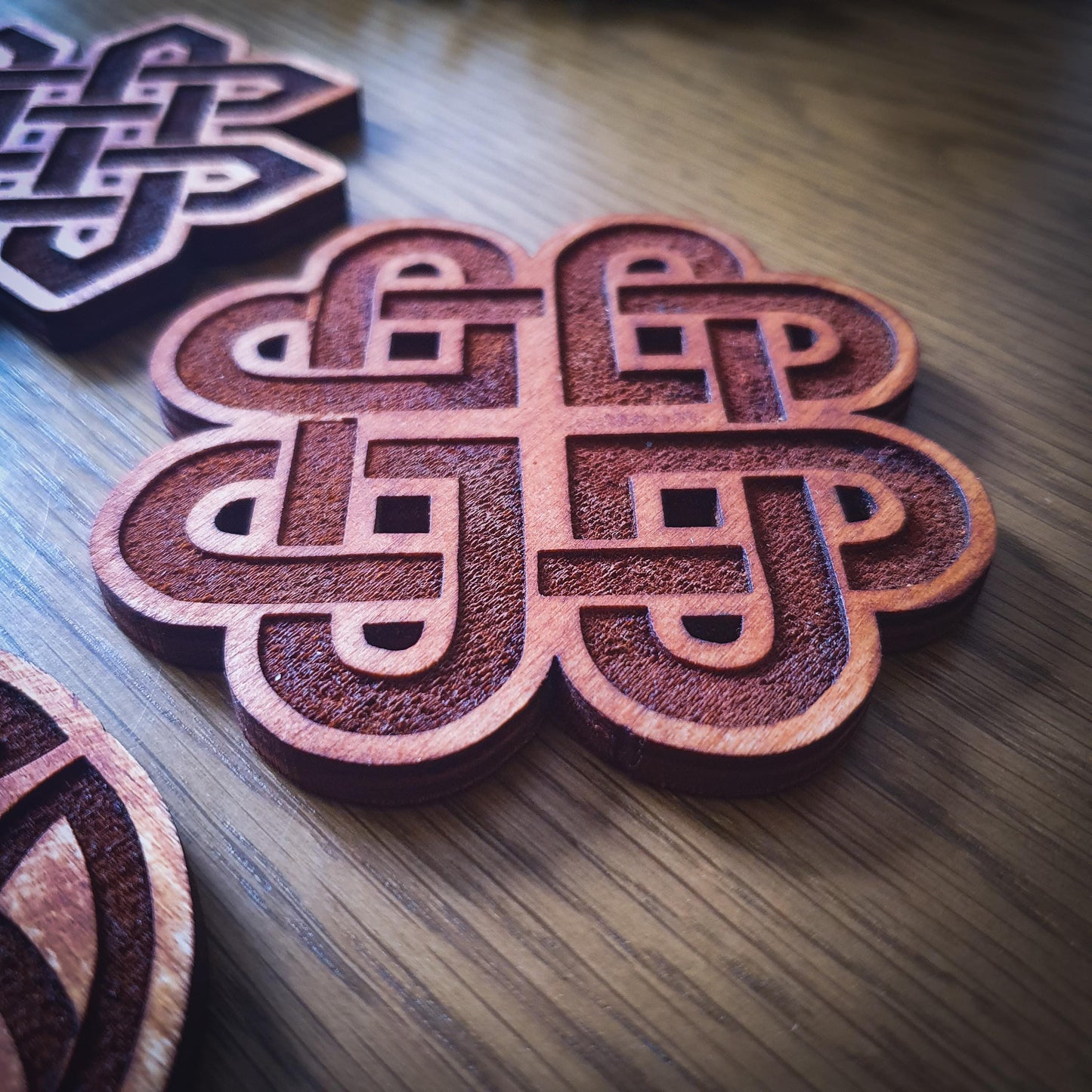 Celtic Knot Wooden Coaster Set – Aged wood, New Age Coasters, Ancient Celtic design.