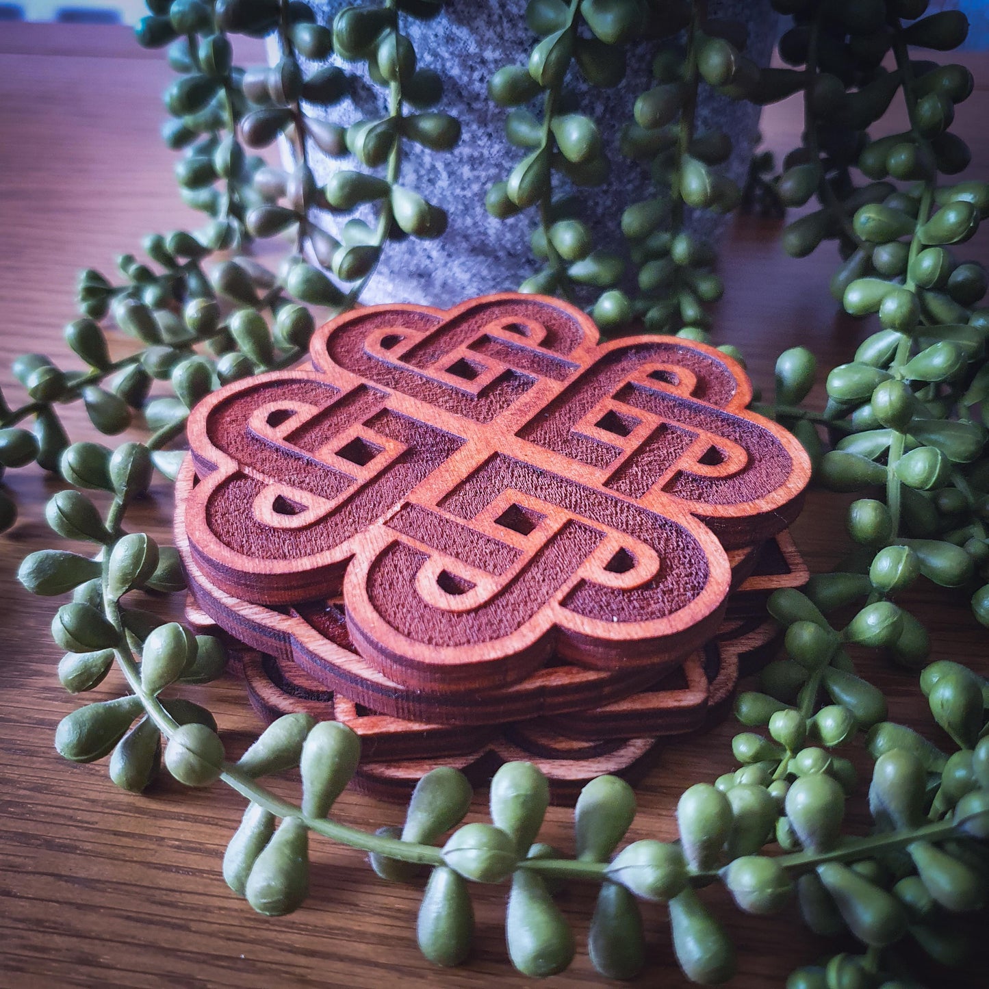 Celtic Knot Wooden Coaster Set – Aged wood, New Age Coasters, Ancient Celtic design.