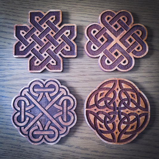Celtic Knot Wooden Coaster Set – Aged wood, New Age Coasters, Ancient Celtic design.