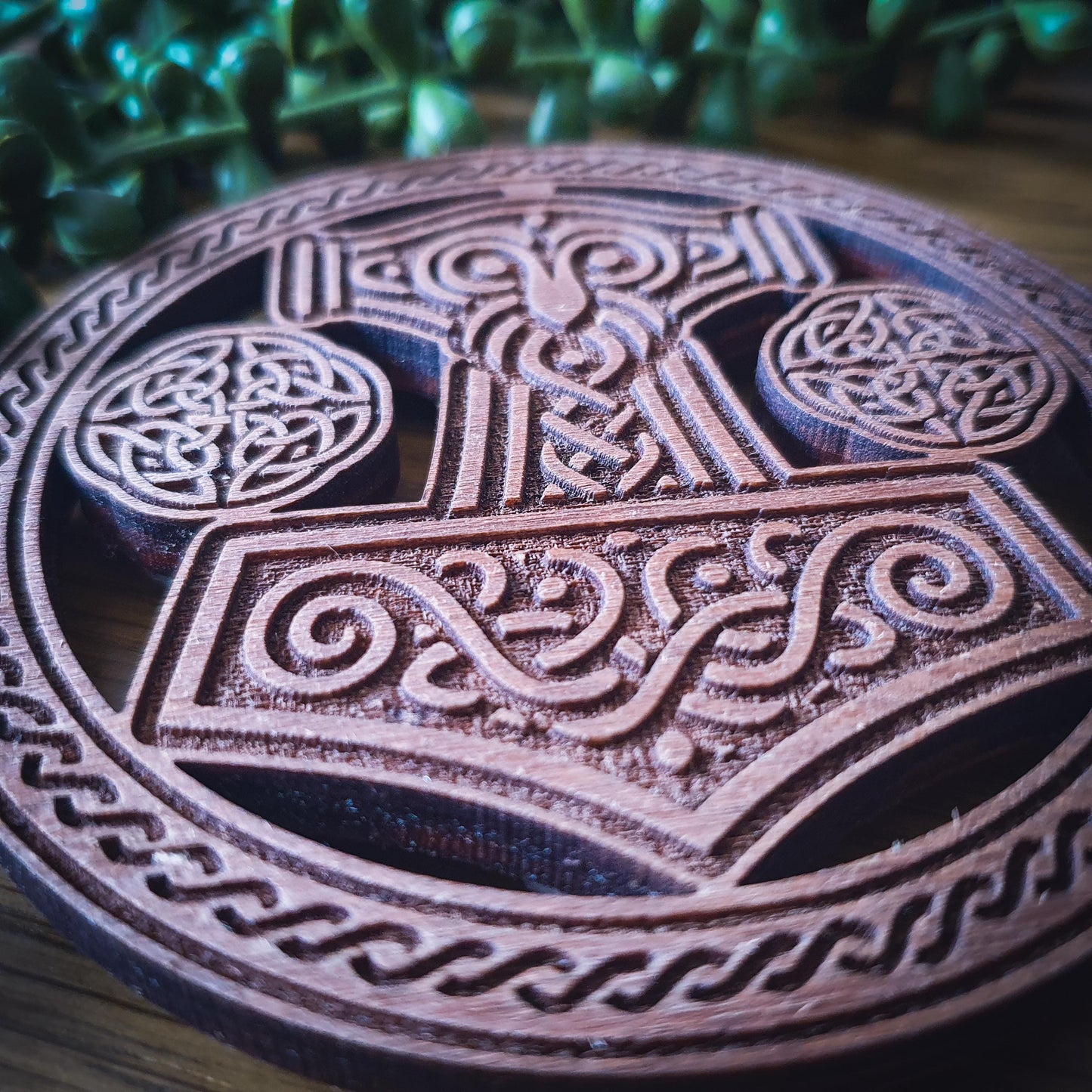 Thor’s Hammer Wooden Coaster – Laser Cut Mjolnir with Celtic Knot Design, 100mm, Aged Finish, Norse Decor