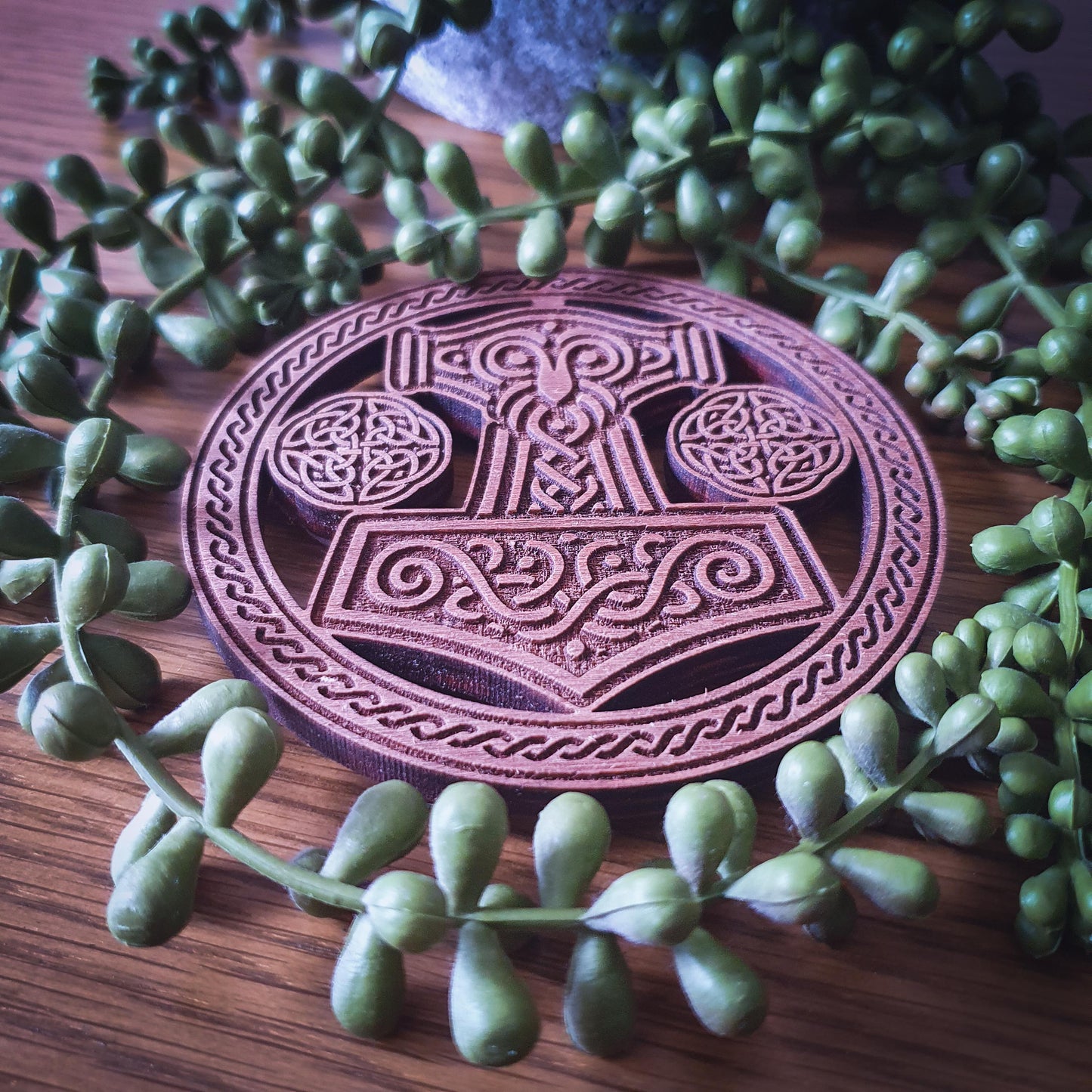 Thor’s Hammer Wooden Coaster – Laser Cut Mjolnir with Celtic Knot Design, 100mm, Aged Finish, Norse Decor