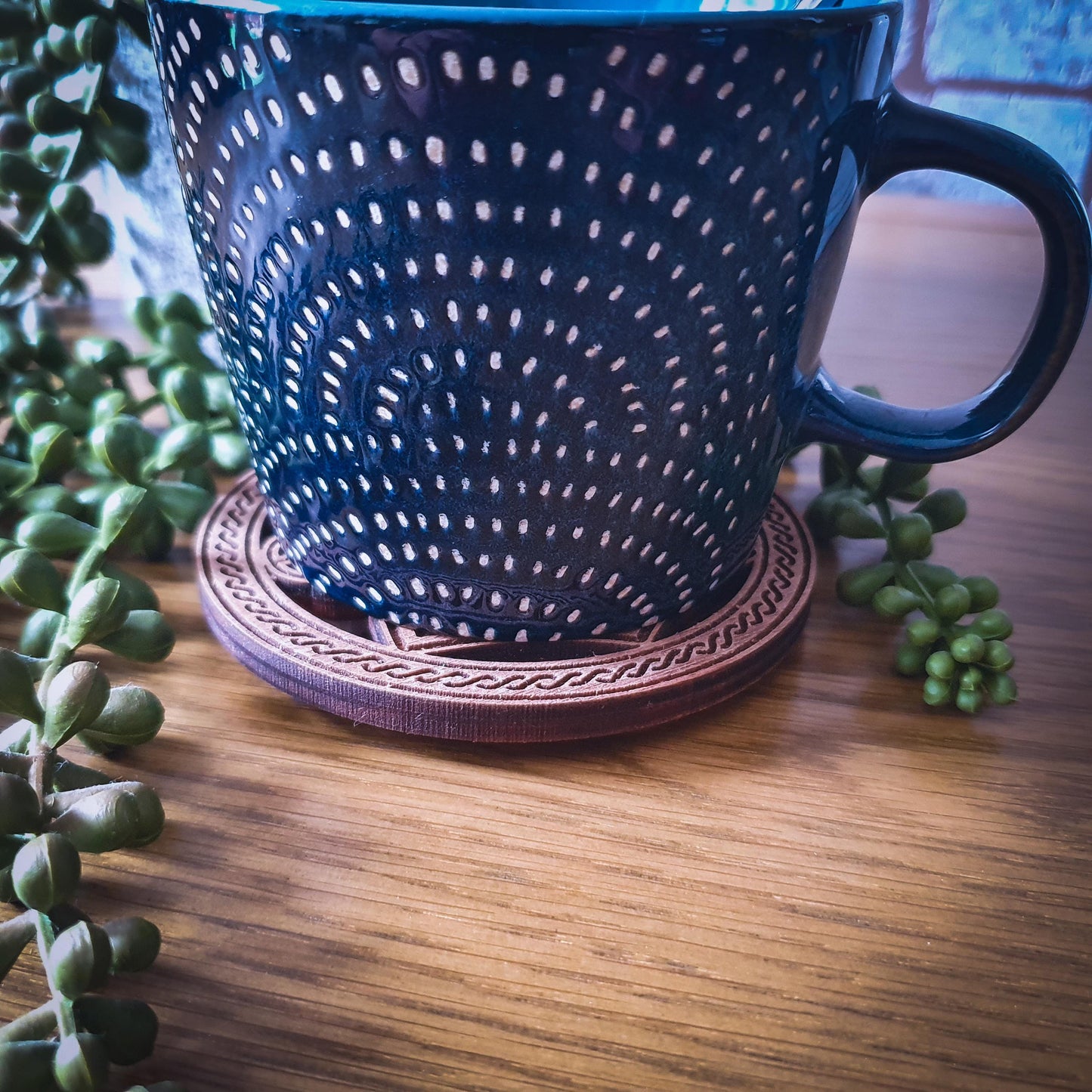 Thor’s Hammer Wooden Coaster – Laser Cut Mjolnir with Celtic Knot Design, 100mm, Aged Finish, Norse Decor